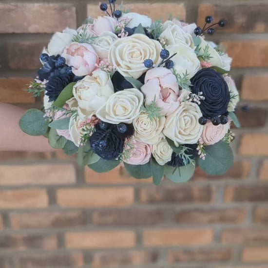Wood Flower Bouquet, Navy & Blush Bouquet, Wooden Flower Bouquet, Blush Wedding Bouquet, Wood Bridal Bouquet, Sola Wood Flowers