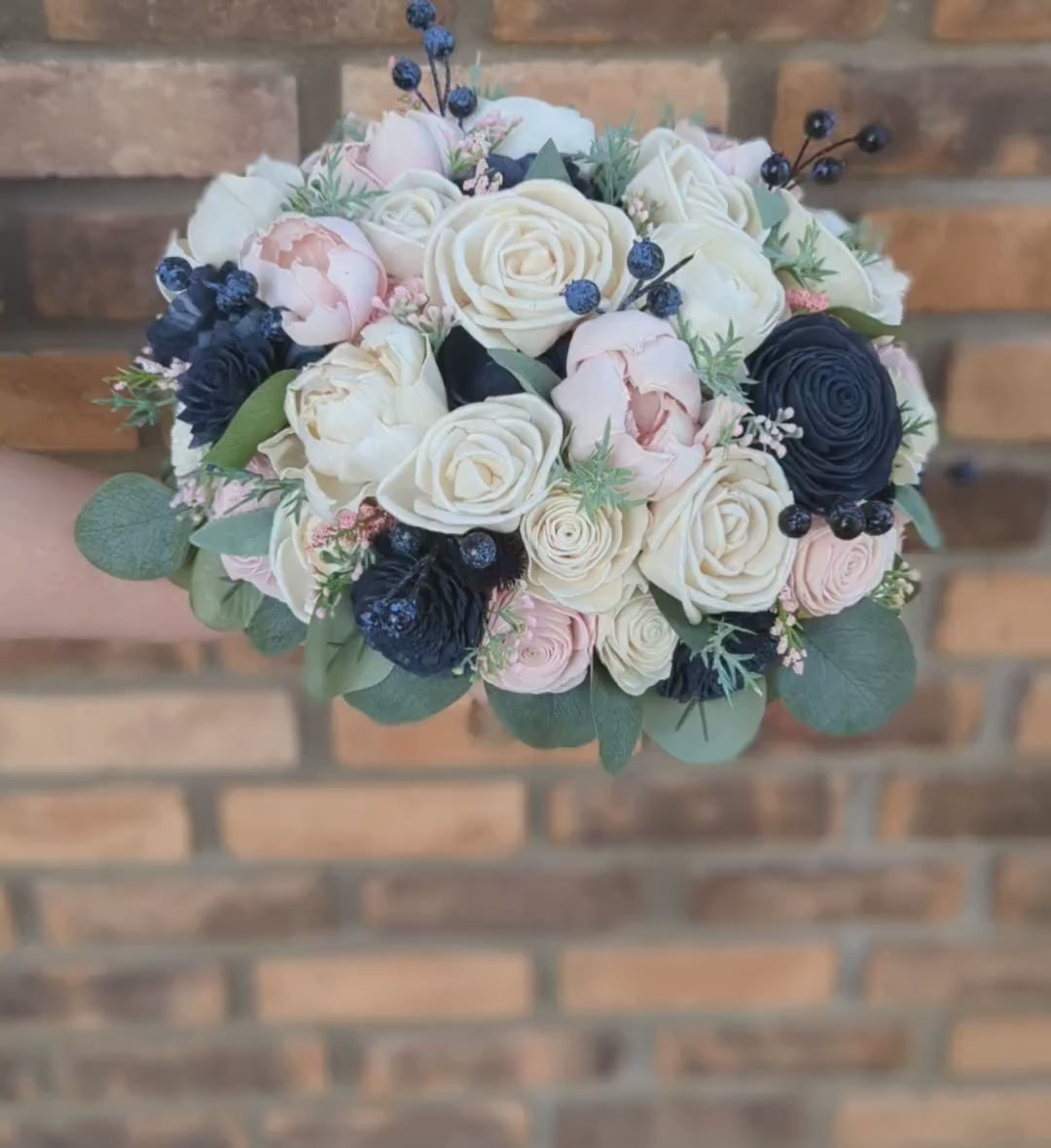 Wood Flower Bouquet, Navy & Blush Bouquet, Wooden Flower Bouquet, Blush Wedding Bouquet, Wood Bridal Bouquet, Sola Wood Flowers