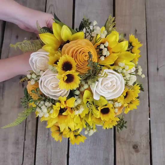 Sunflower Wedding Bouquet with Wood Flowers, Sunflower Wooden Bouquet, Bridal Flowers, Bridesmaid Bouquets