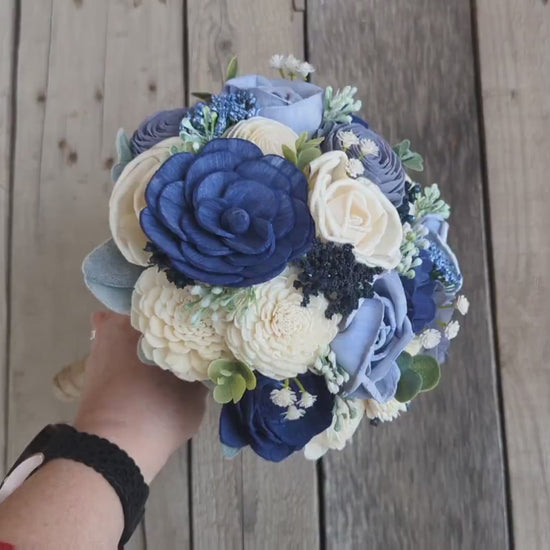 Artificial Blue Wedding Bouquet with Sola Wood Flowers, Wooden Flower Bouquet, Royal Blue Bridal Bouquet, Dusty Blue Bridesmaid Flowers