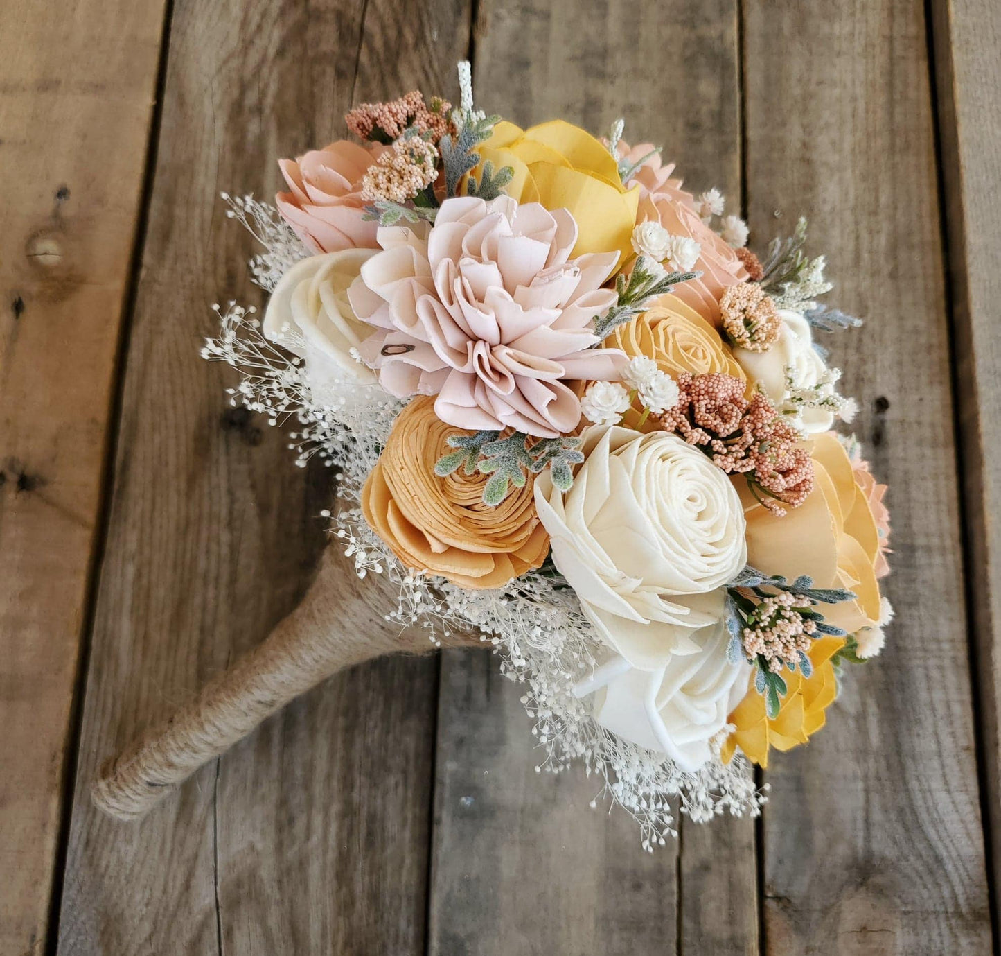 Peach and Light Pink Wood Flower Bouquet, bridal bouquet, bridesmaid bouquet, flower girl bouquet