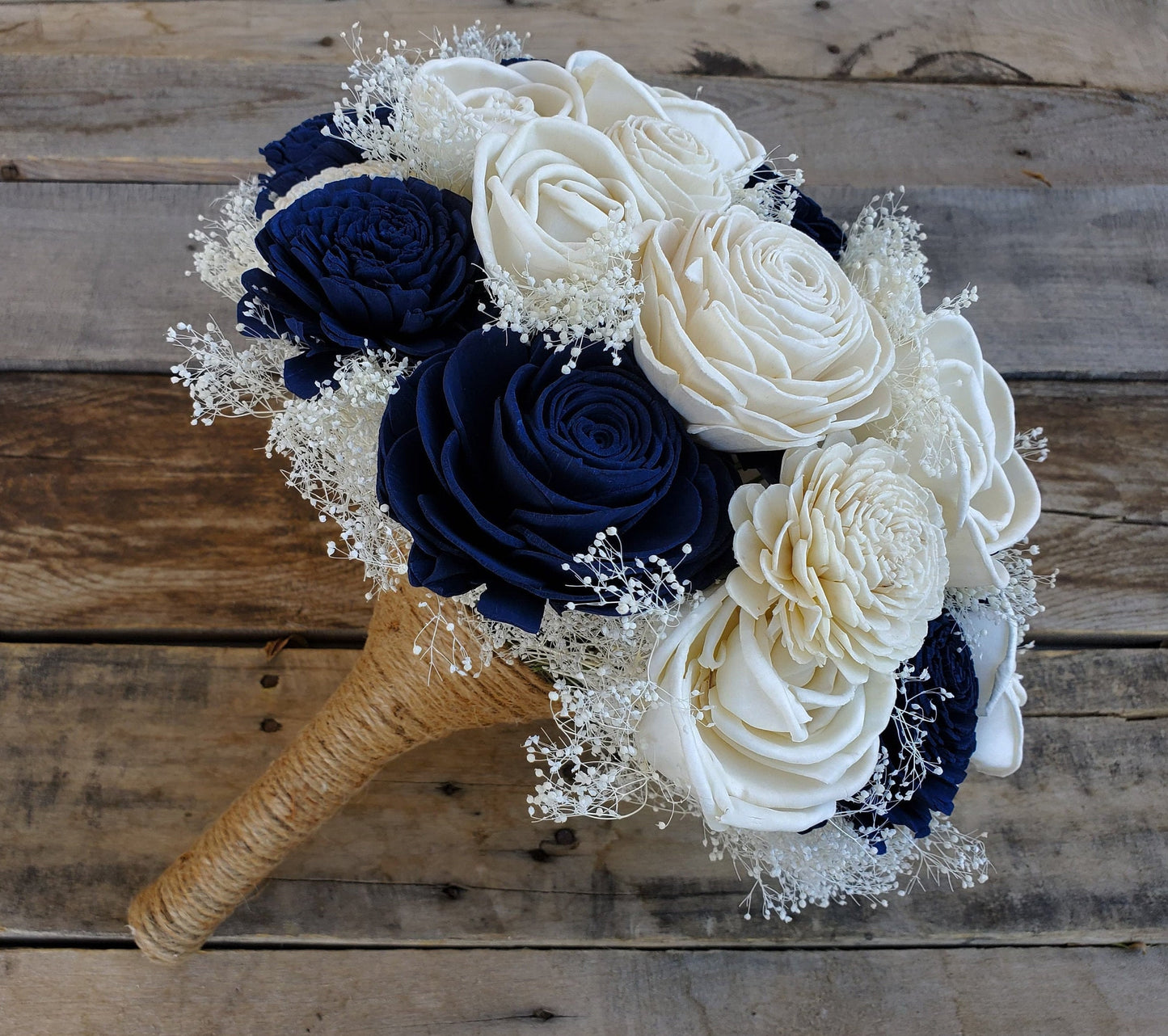 Wood Flower Bouquet with Baby's Breath, Sola Wood Flower Bridal Bouquet, Wooden Wedding Flowers