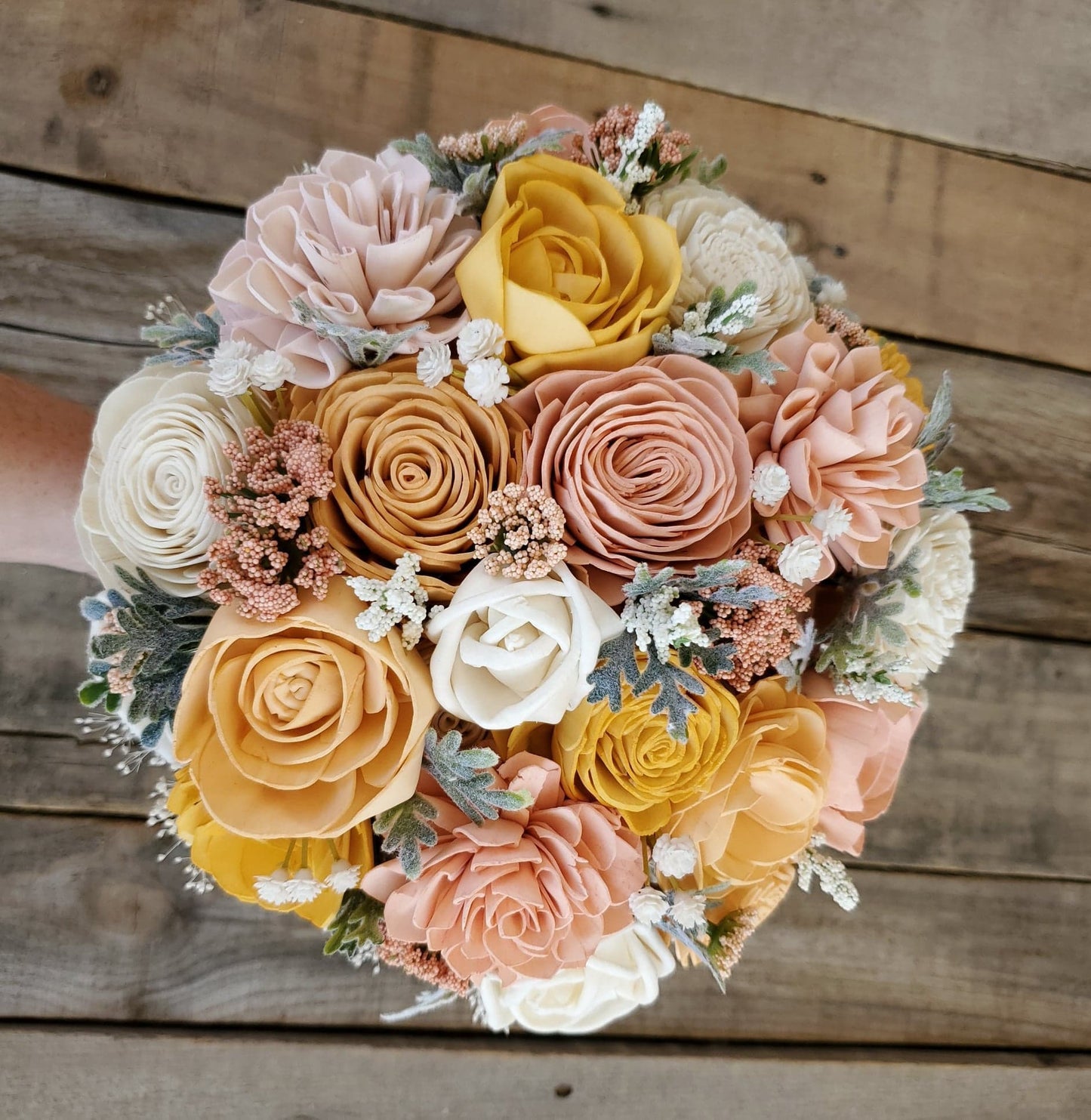 Peach and Light Pink Wood Flower Bouquet, bridal bouquet, bridesmaid bouquet, flower girl bouquet