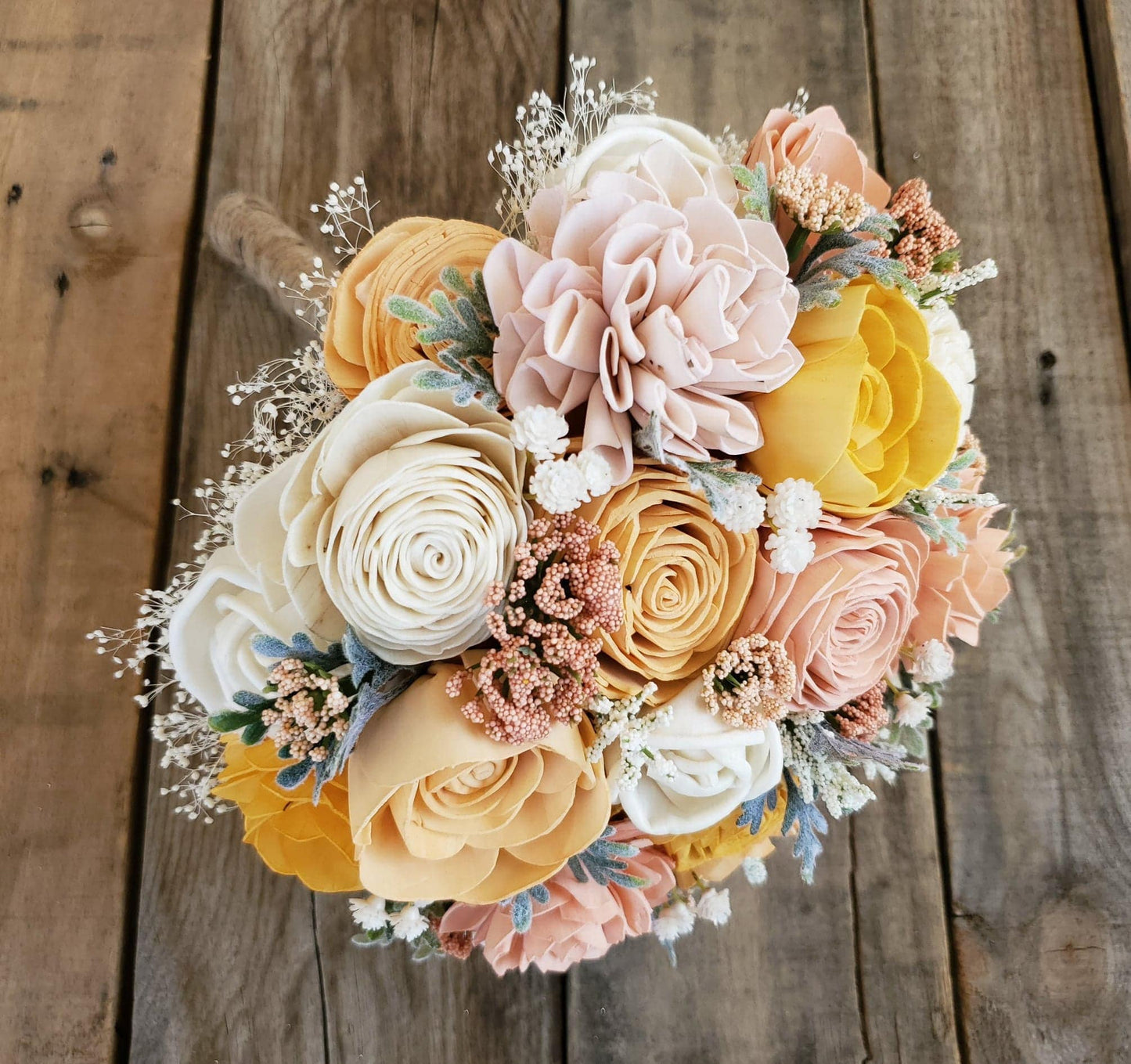 Peach and Light Pink Wood Flower Bouquet, bridal bouquet, bridesmaid bouquet, flower girl bouquet