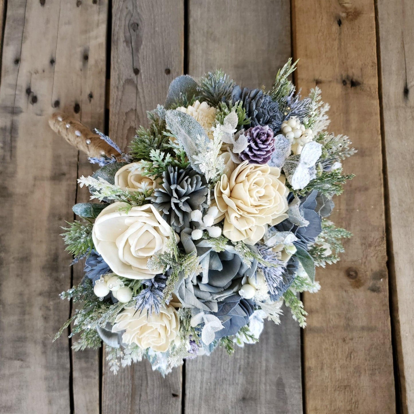 Winter Wedding Wood Flower Bouquet, Dusty Blue Wedding Bouquet, Sola Wood Flowers Christmas Bouquet