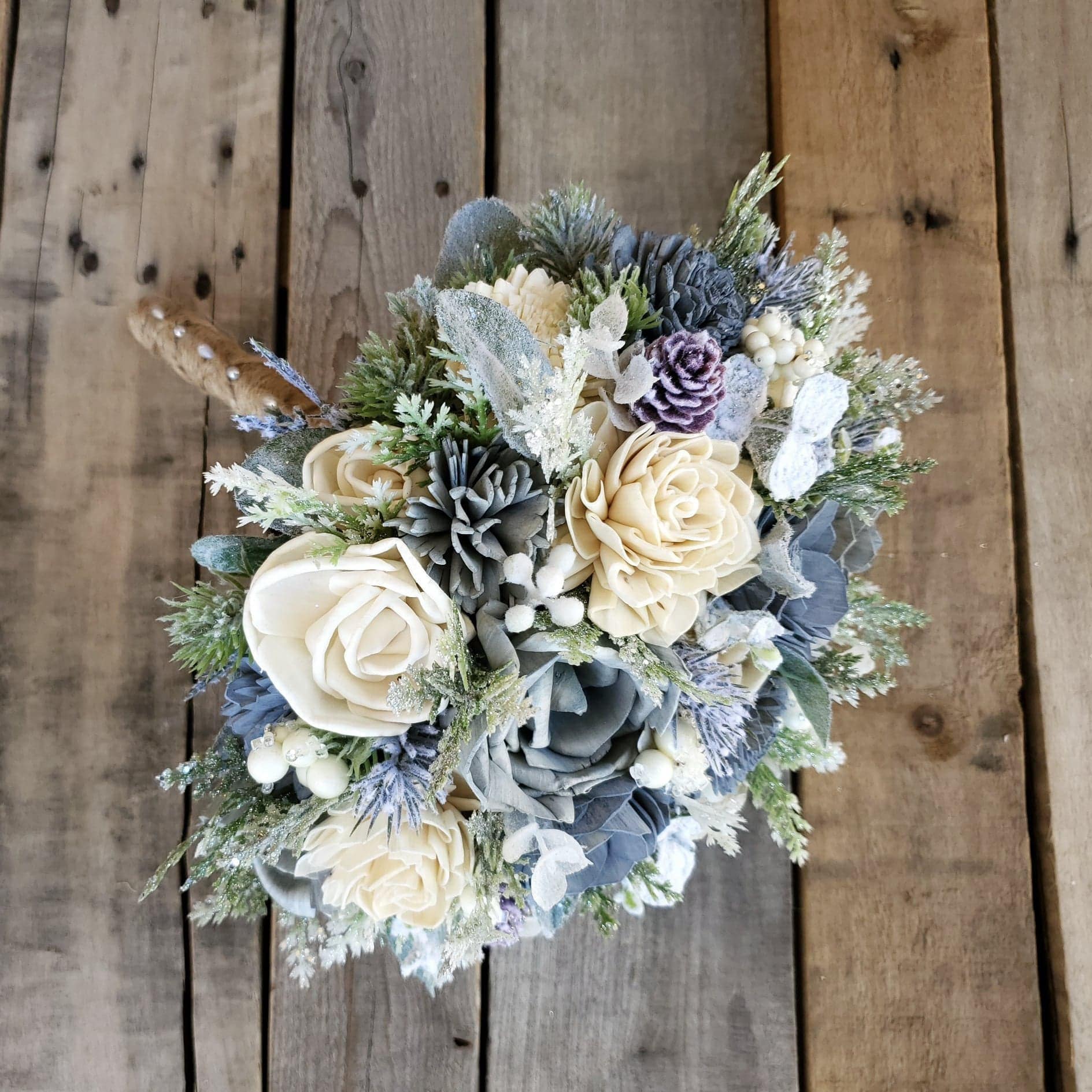 Winter Wedding Wood Flower Bouquet, Dusty Blue Wedding Bouquet, Sola Wood Flowers Christmas Bouquet