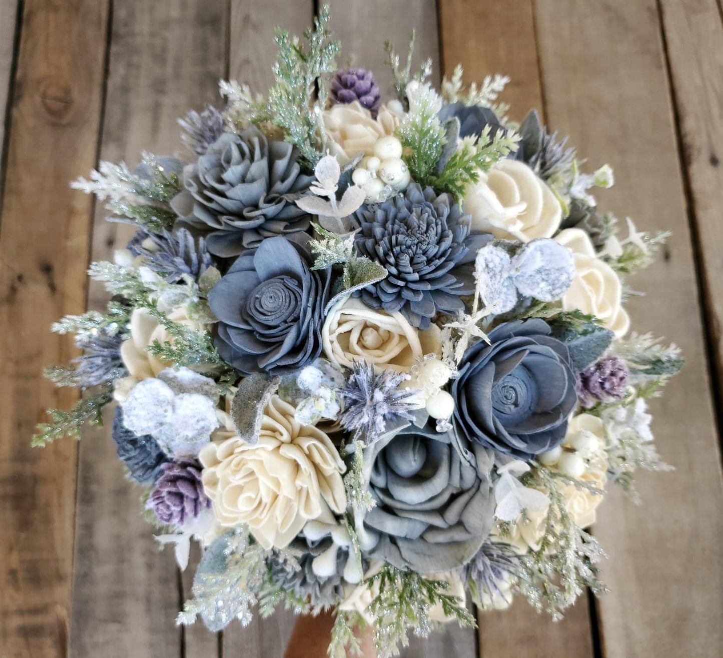 Winter Wedding Wood Flower Bouquet, Dusty Blue Wedding Bouquet, Sola Wood Flowers Christmas Bouquet