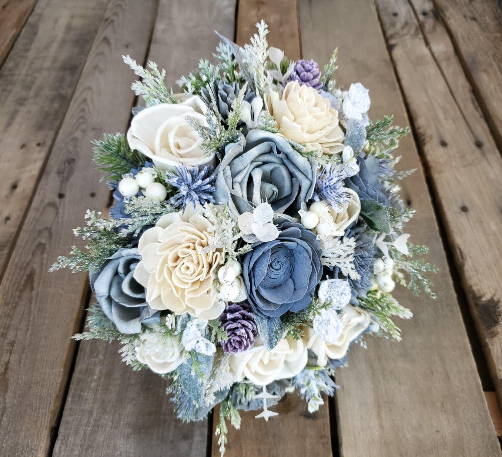 Winter Wedding Wood Flower Bouquet, Dusty Blue Wedding Bouquet, Sola Wood Flowers Christmas Bouquet