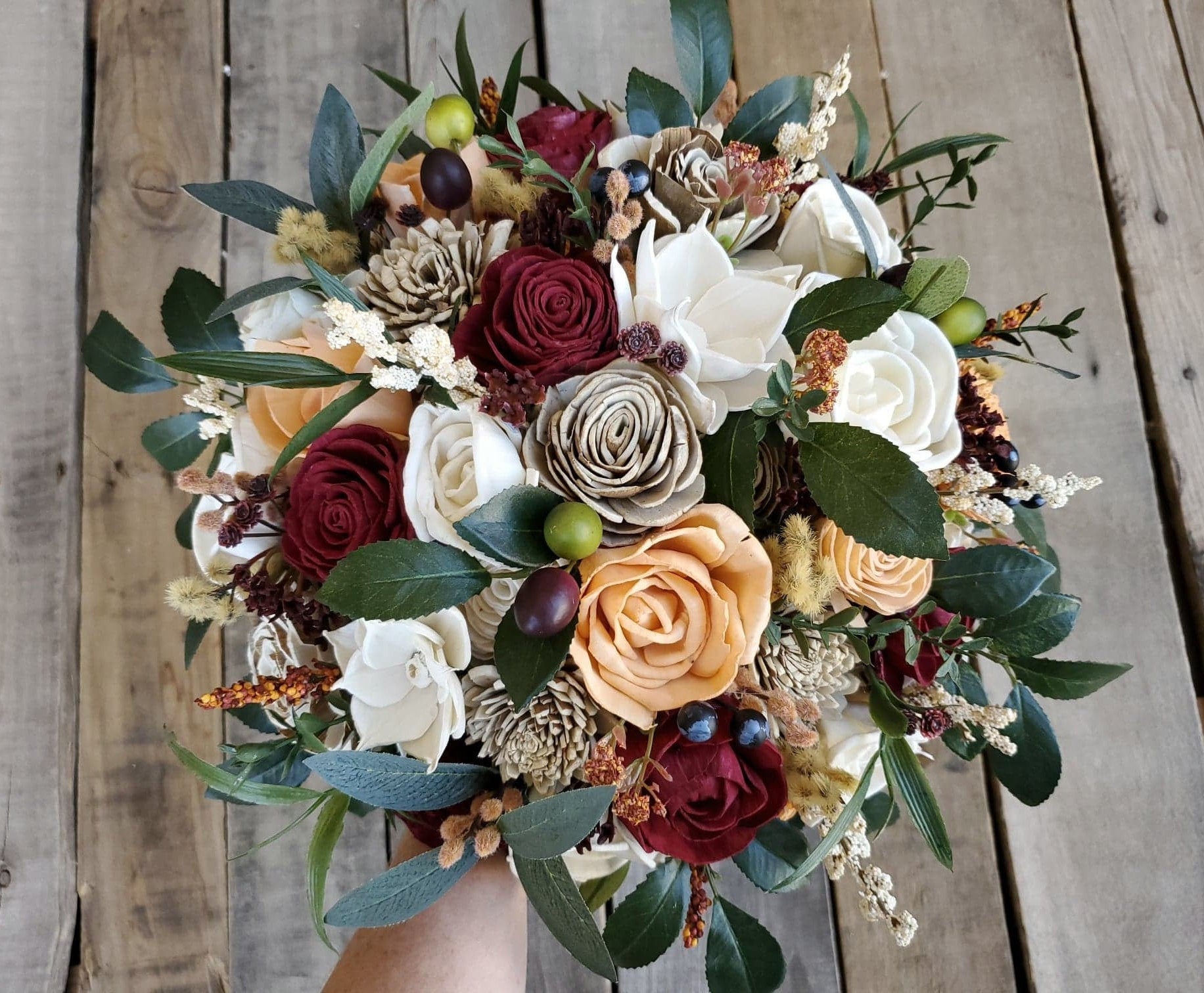 Wood Flower Bouquet, Fall Bridal Bouquet, Burgundy Bouquet, Wooden Flowers Bouquet, Fake Wedding Flowers