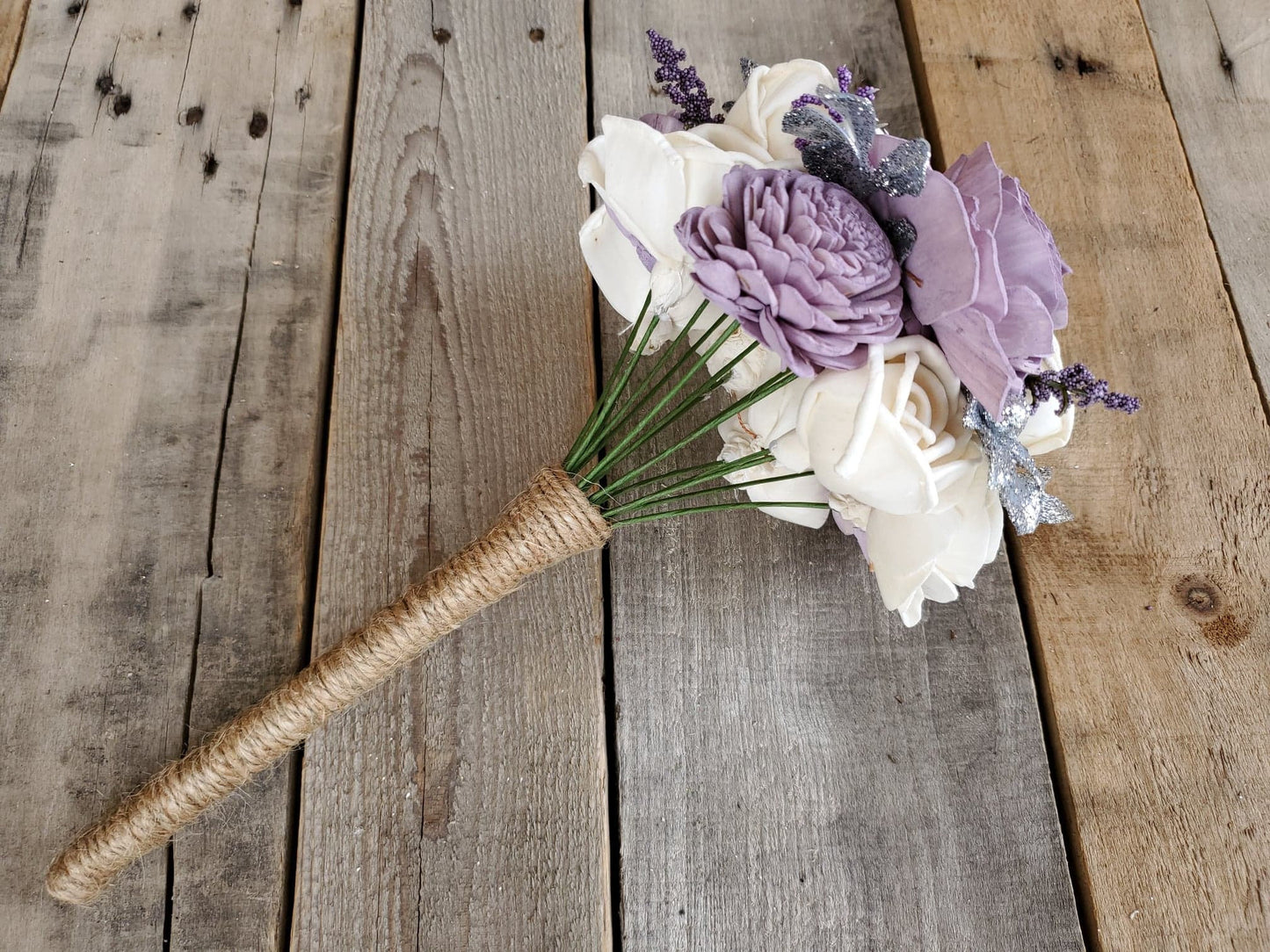 Silver Wood Flower Bridesmaid Bouquet, Wooden Bouquet for Flower Girl, Lavender Wedding Flowers, Silver Bridal Bouquet