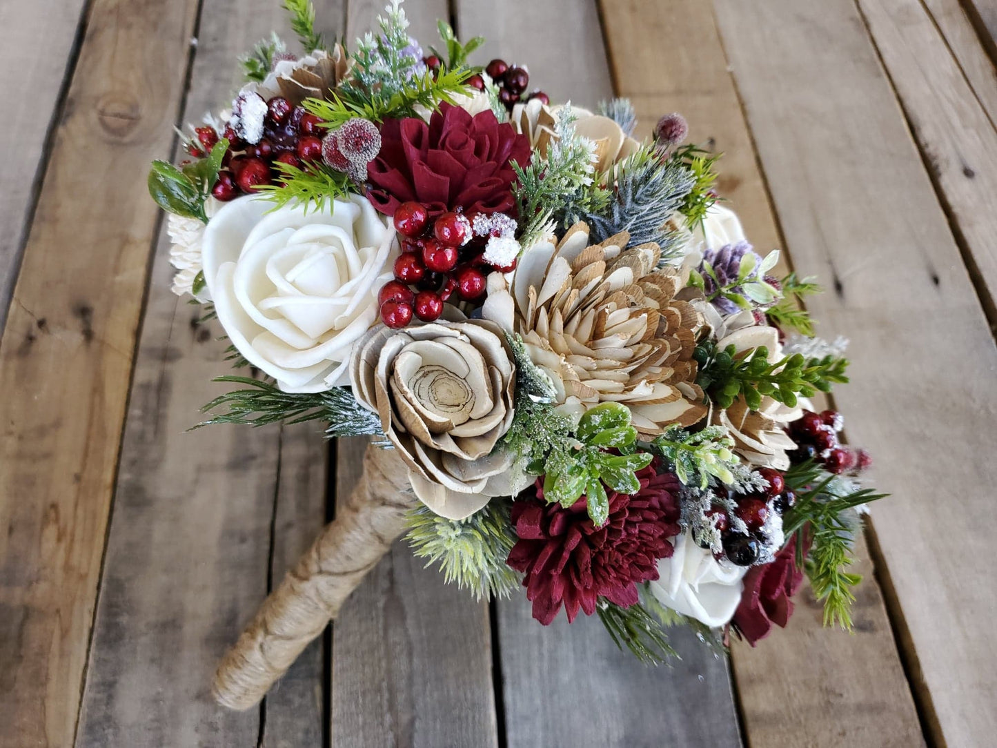 Sola Wood Flowers, Christmas Wedding Bouquet, Wood Flower Bouquet, Winter Bridal Bouquet, Burgundy Wooden Flower Bouquet