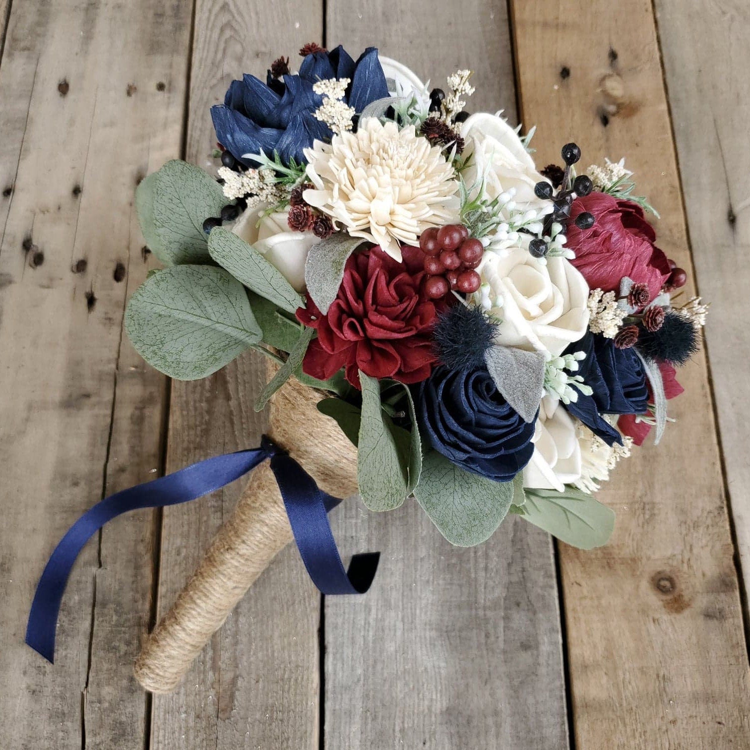Wood Flower Bouquet, Navy and Burgundy Bridal Bouquet, Burgundy Wedding Bouquet, Wooden Flower Bouquet, Sola Wood Flowers
