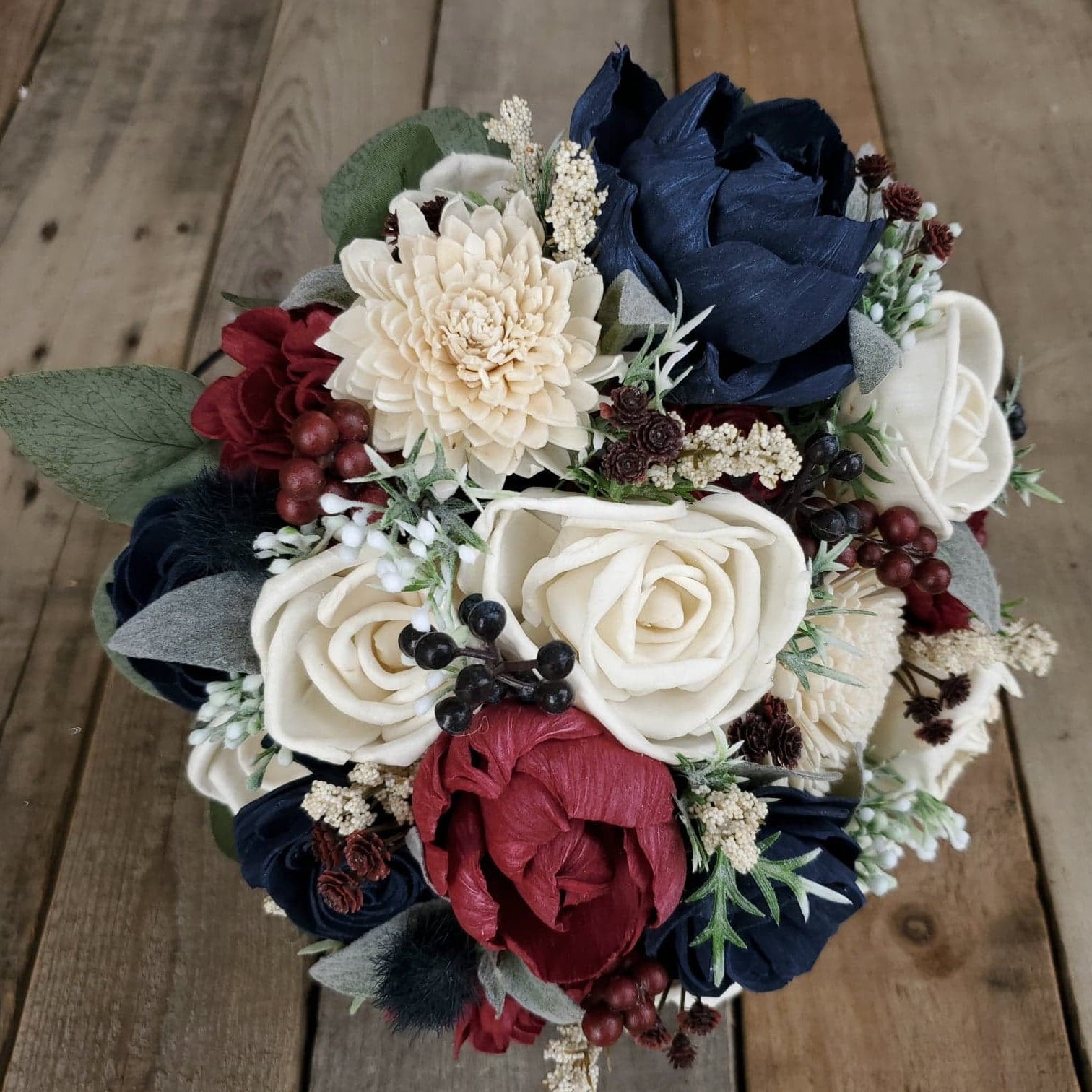 Wood Flower Bouquet, Navy and Burgundy Bridal Bouquet, Burgundy Wedding Bouquet, Wooden Flower Bouquet, Sola Wood Flowers