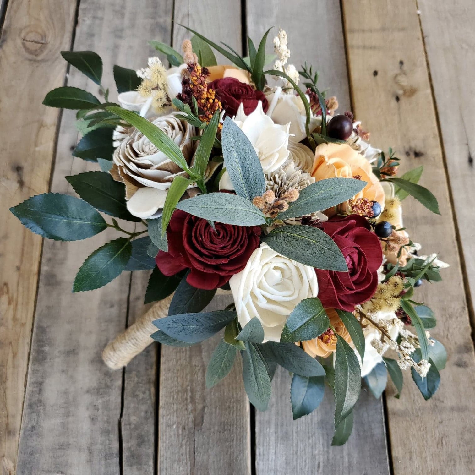 Wood Flower Bouquet, Fall Bridal Bouquet, Burgundy Bouquet, Wooden Flowers Bouquet, Fake Wedding Flowers