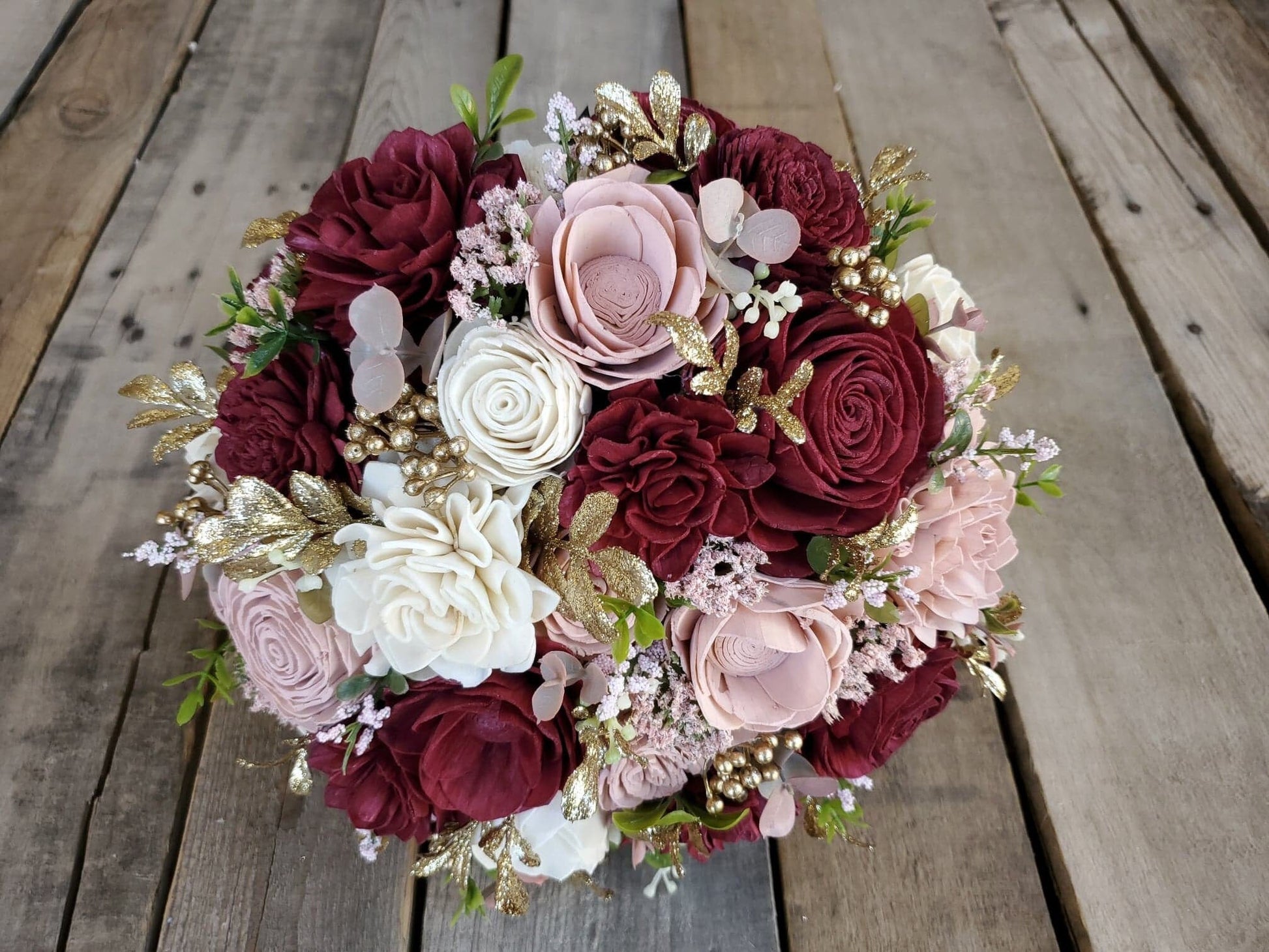 Burgundy, Blush, and Cream Wood Flower Bouquet with Gold Accents and Boxwood, bridal bouquet, bridesmaid bouquet, flower girl