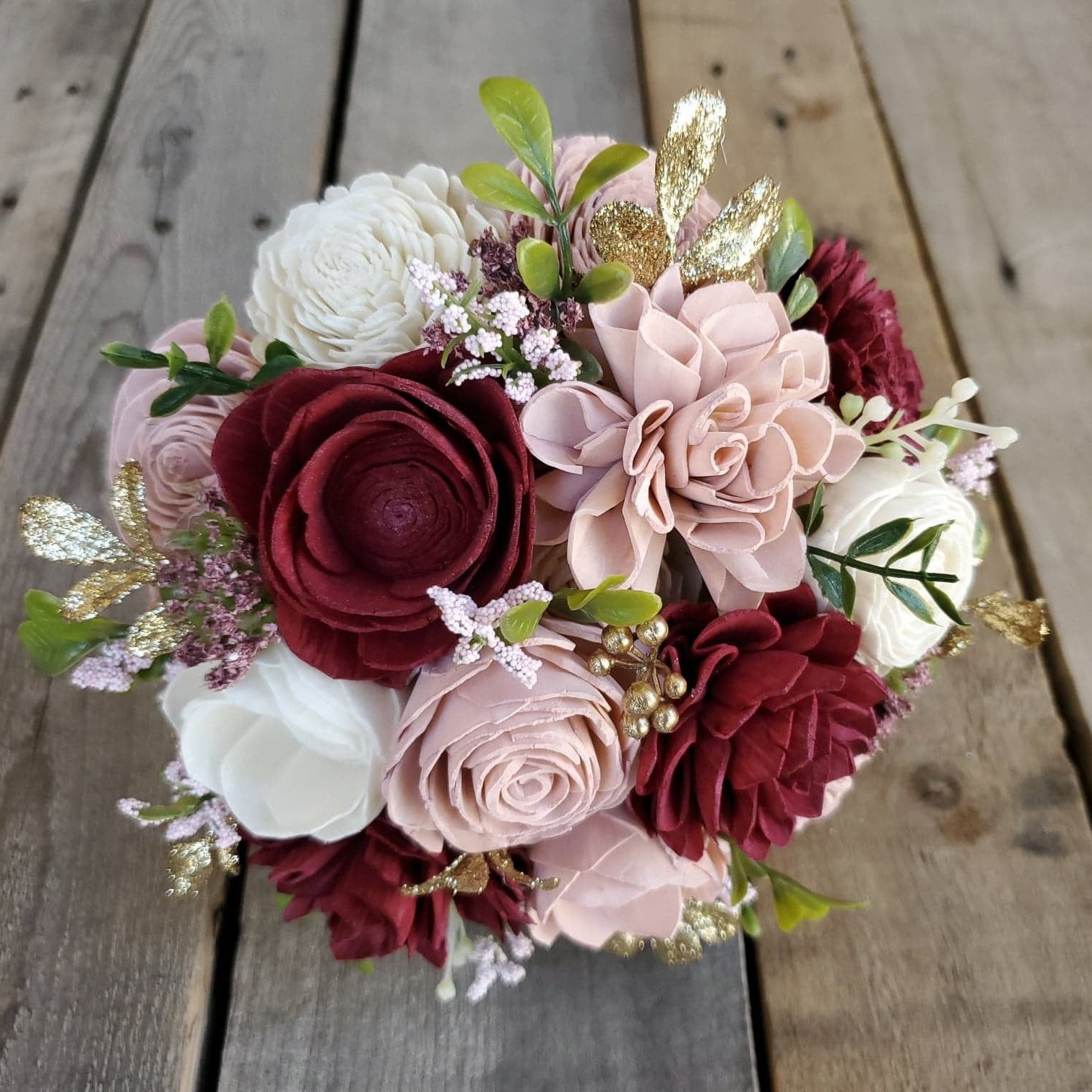 Burgundy, Blush, and Cream Wood Flower Bouquet with Gold Accents and Boxwood, bridal bouquet, bridesmaid bouquet, flower girl