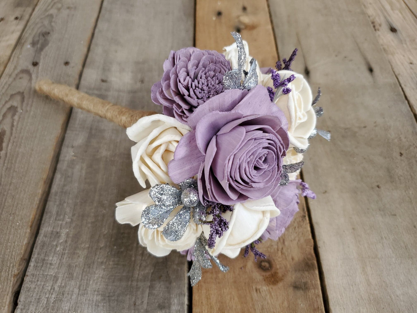 Silver Wood Flower Bridesmaid Bouquet, Wooden Bouquet for Flower Girl, Lavender Wedding Flowers, Silver Bridal Bouquet
