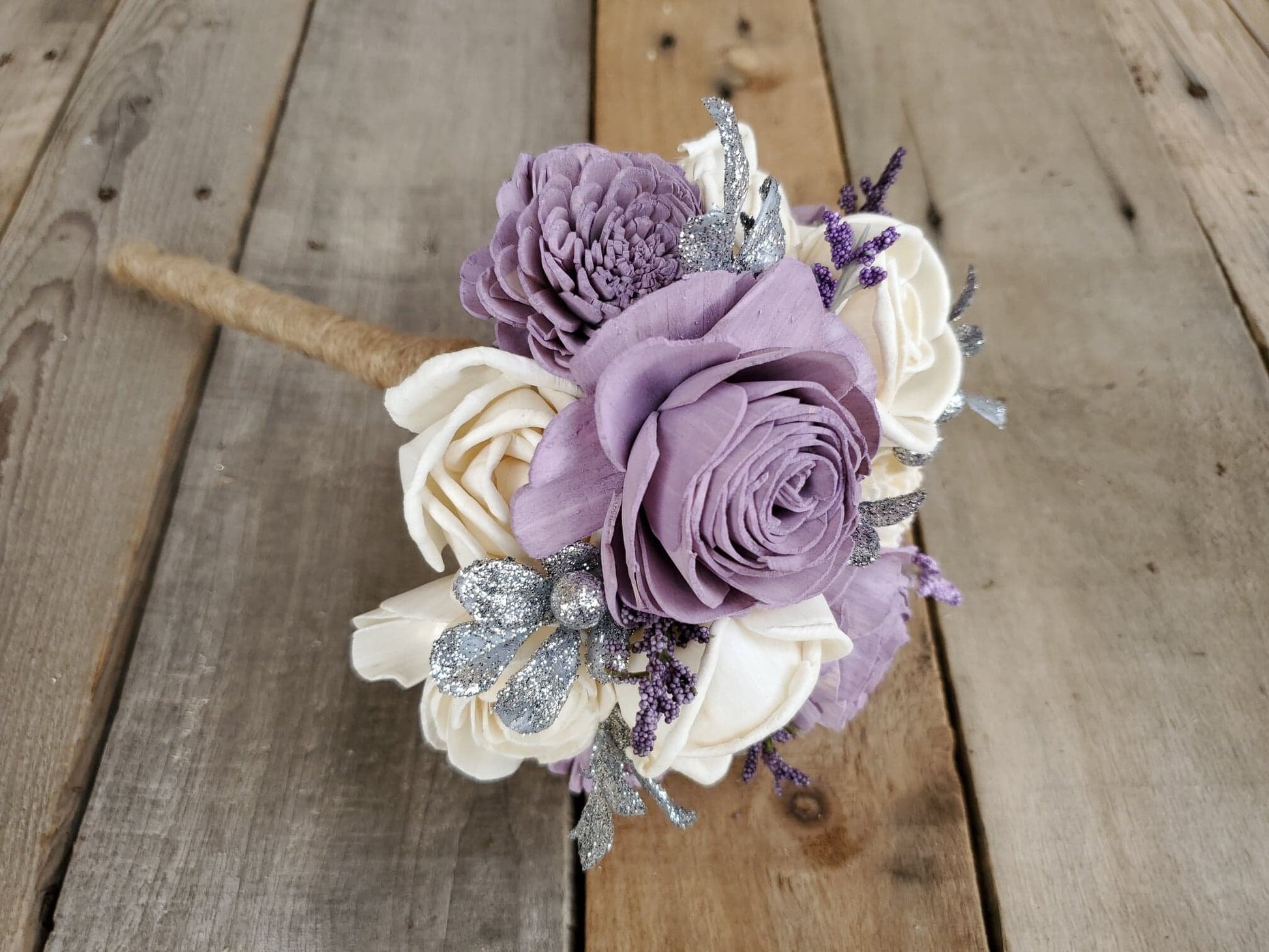 Silver Wood Flower Bridesmaid Bouquet, Wooden Bouquet for Flower Girl, Lavender Wedding Flowers, Silver Bridal Bouquet