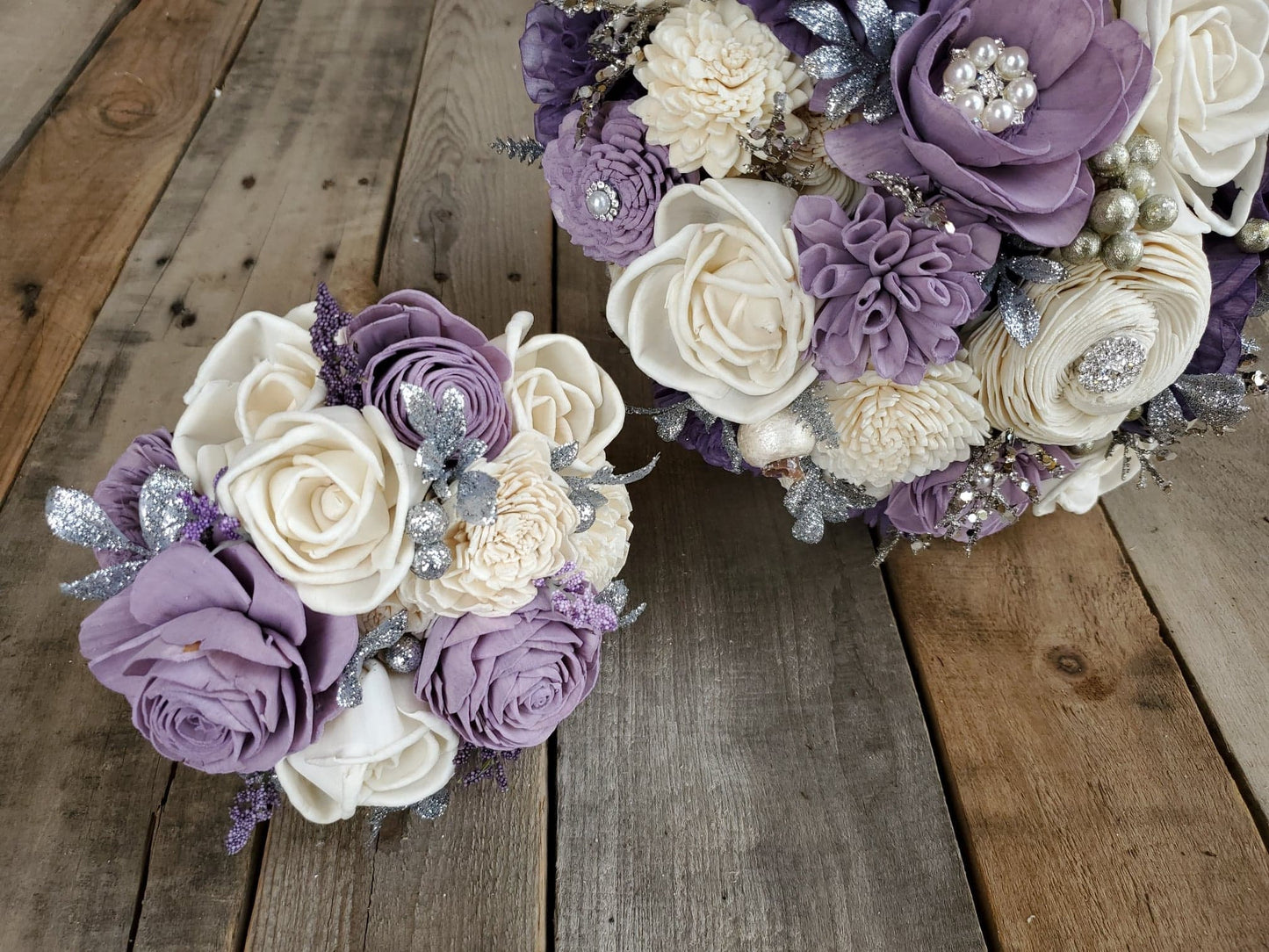 Silver Wood Flower Bridesmaid Bouquet, Wooden Bouquet for Flower Girl, Lavender Wedding Flowers, Silver Bridal Bouquet