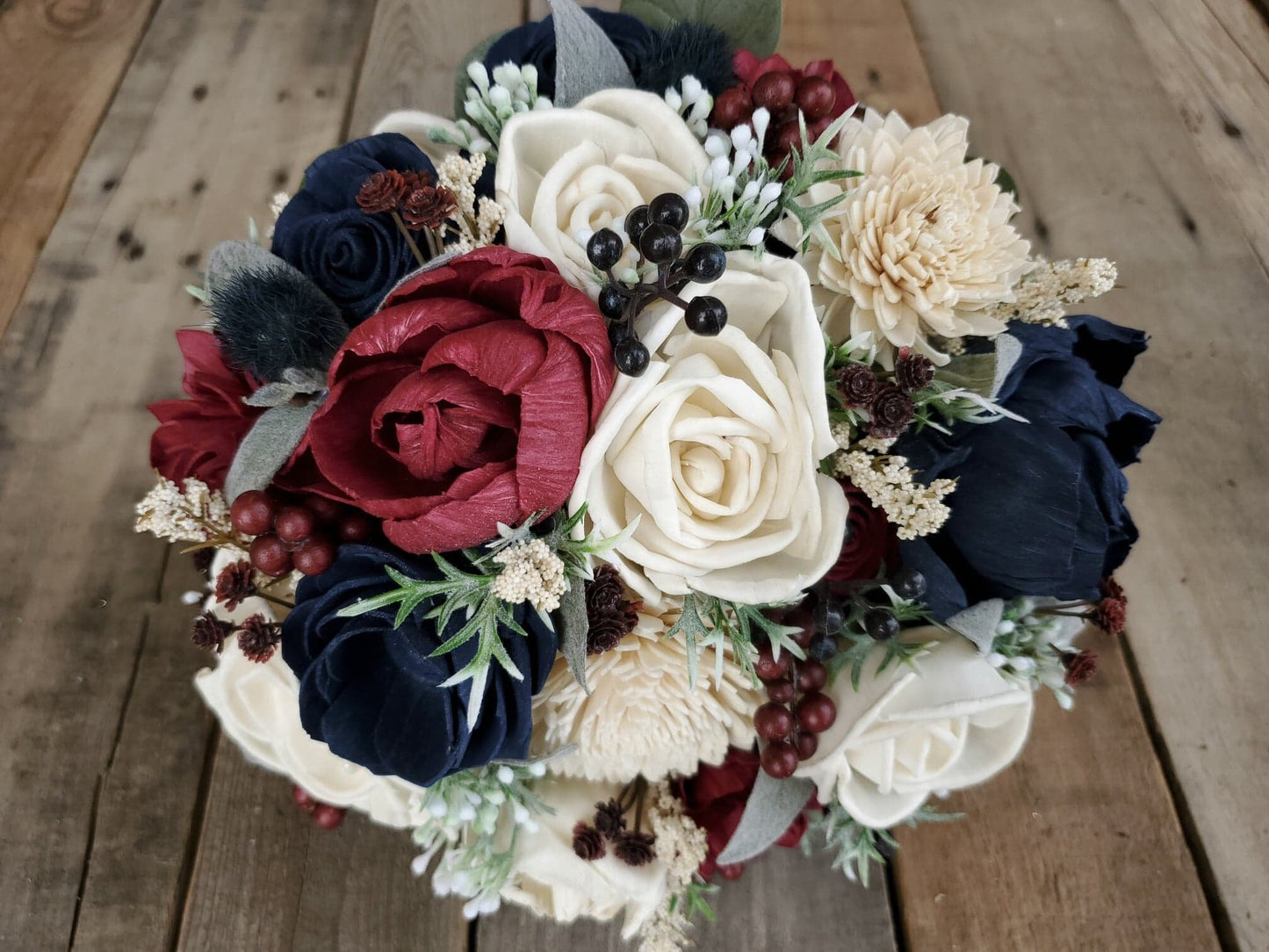 Wood Flower Bouquet, Navy and Burgundy Bridal Bouquet, Burgundy Wedding Bouquet, Wooden Flower Bouquet, Sola Wood Flowers