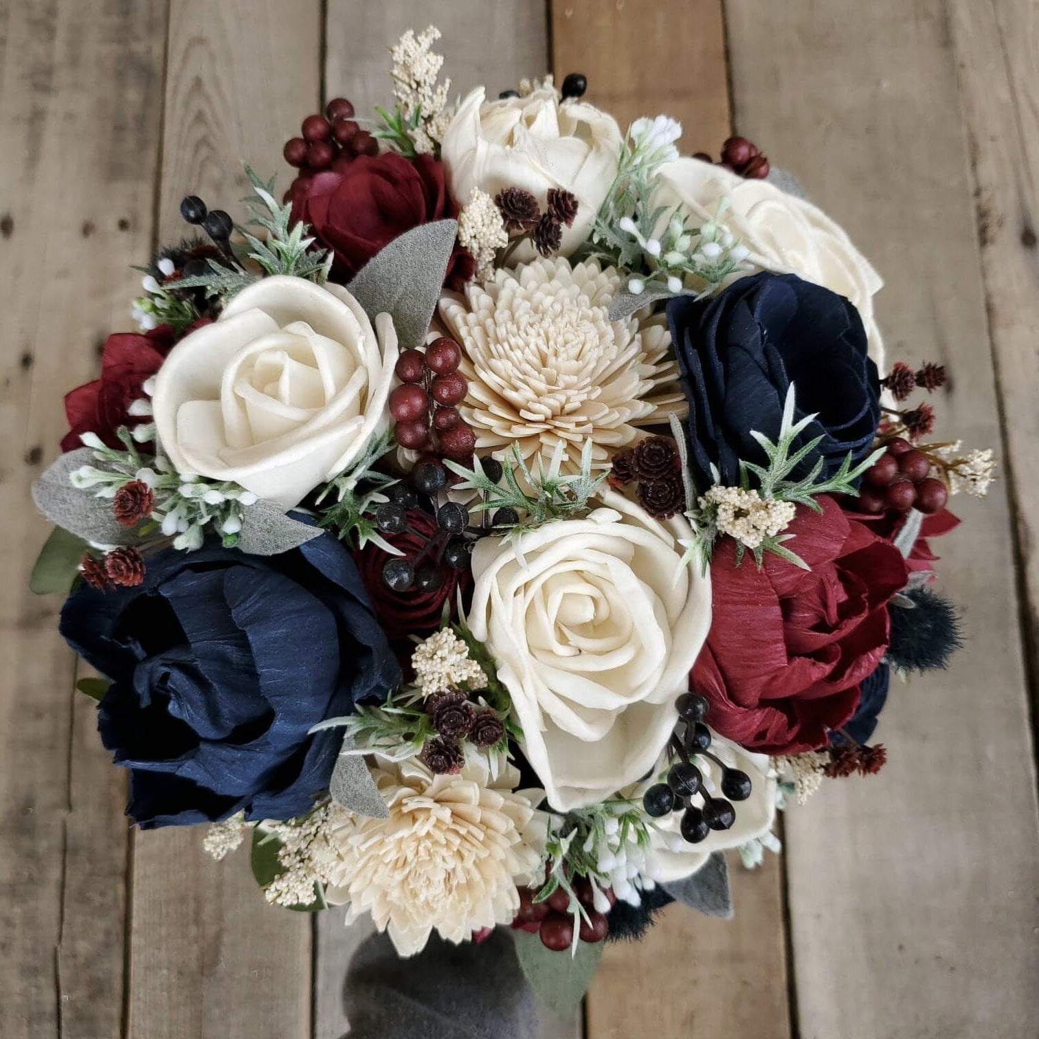 Wood Flower Bouquet, Navy and Burgundy Bridal Bouquet, Burgundy Wedding Bouquet, Wooden Flower Bouquet, Sola Wood Flowers