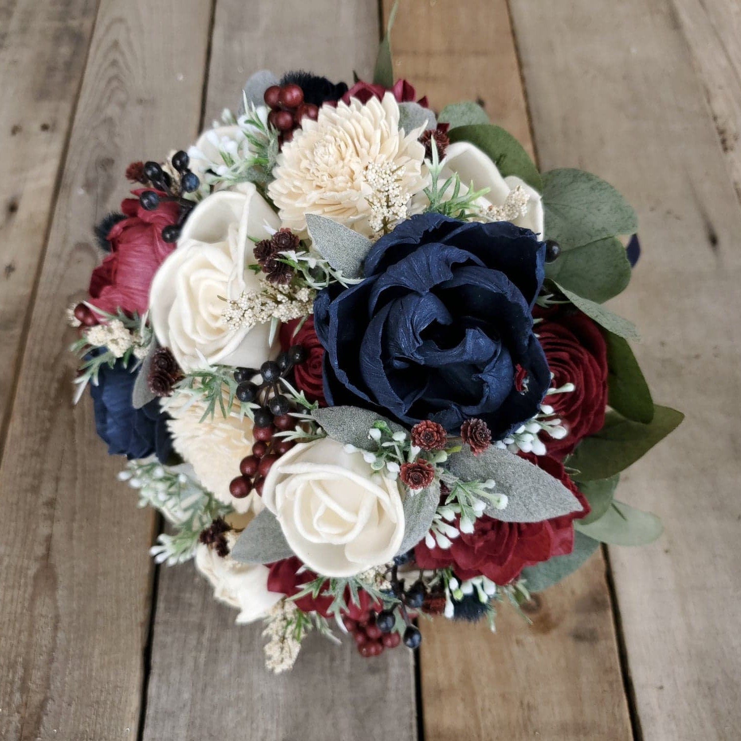 Wood Flower Bouquet, Navy and Burgundy Bridal Bouquet, Burgundy Wedding Bouquet, Wooden Flower Bouquet, Sola Wood Flowers