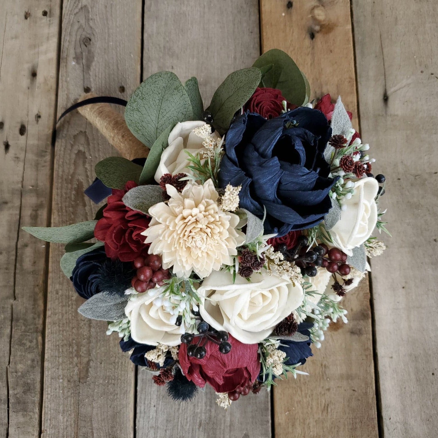 Wood Flower Bouquet, Navy and Burgundy Bridal Bouquet, Burgundy Wedding Bouquet, Wooden Flower Bouquet, Sola Wood Flowers