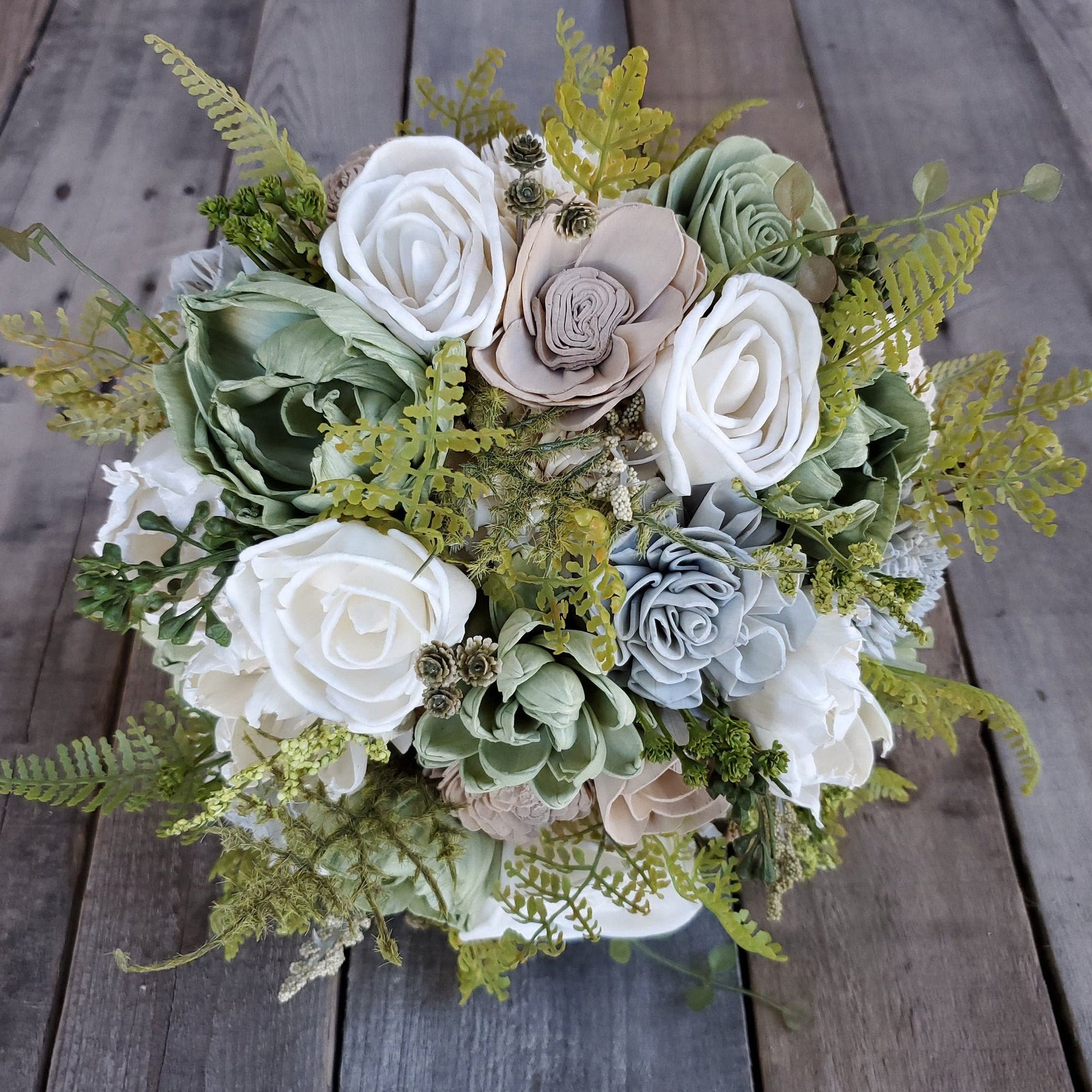 Sage Green Wood Flower Bouquet, Sage and Taupe Bridal Bouquet, Wooden Wedding Flowers, Fall Wedding Bouquet, Bride and Bridesmaid Flowers