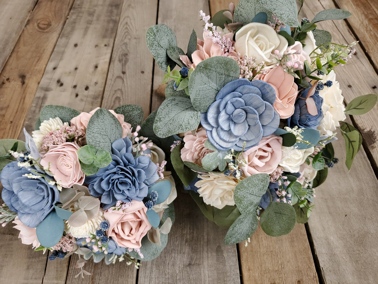 Wood Flower Bouquet, Dusty Blue and Pink Wedding Bouquet, Slate Blue Bridal Flowers, Wood Flowers Bridal Bouquet