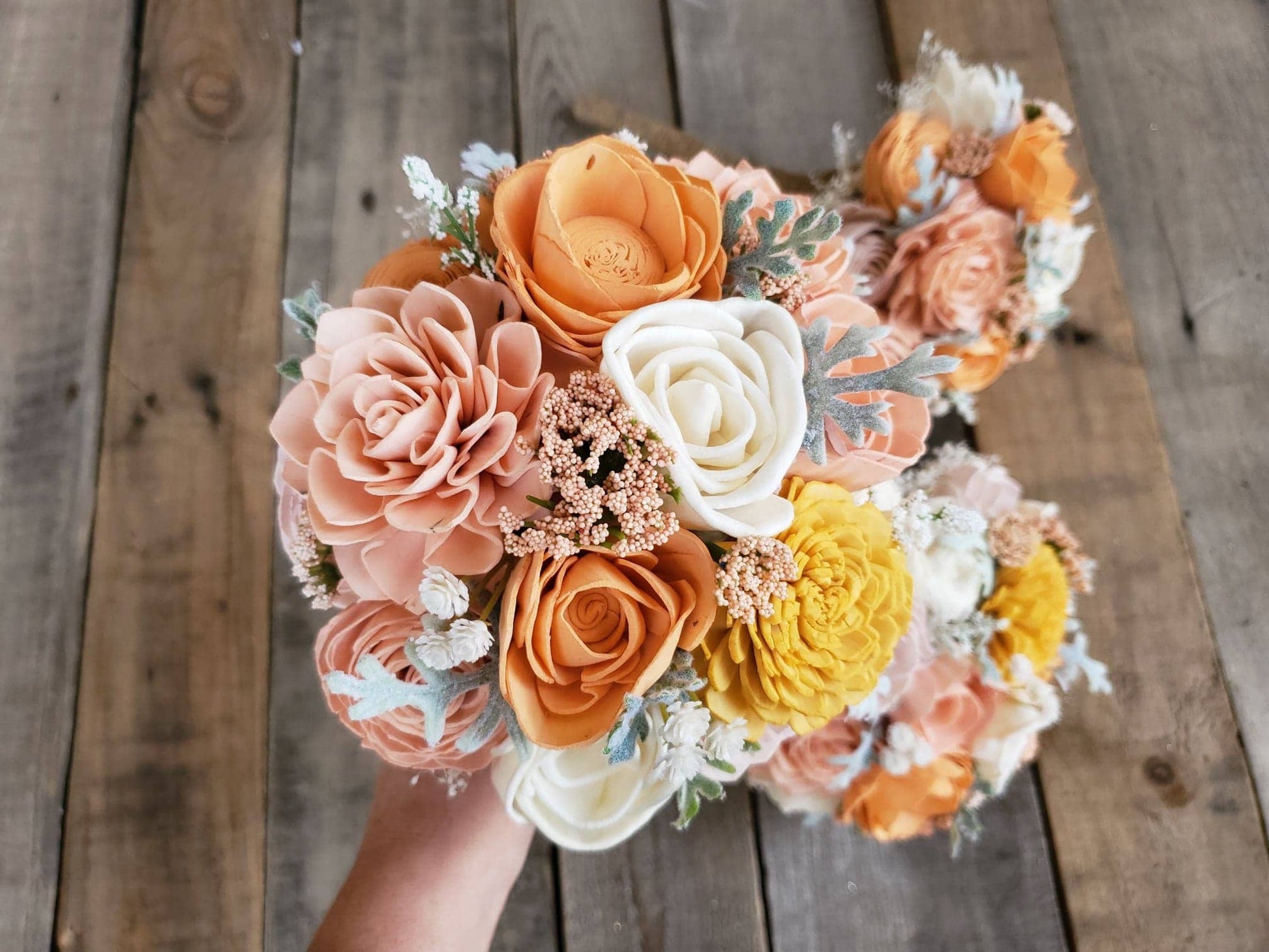 Peach and Light Pink Wood Flower Bouquet, bridal bouquet, bridesmaid bouquet, flower girl bouquet