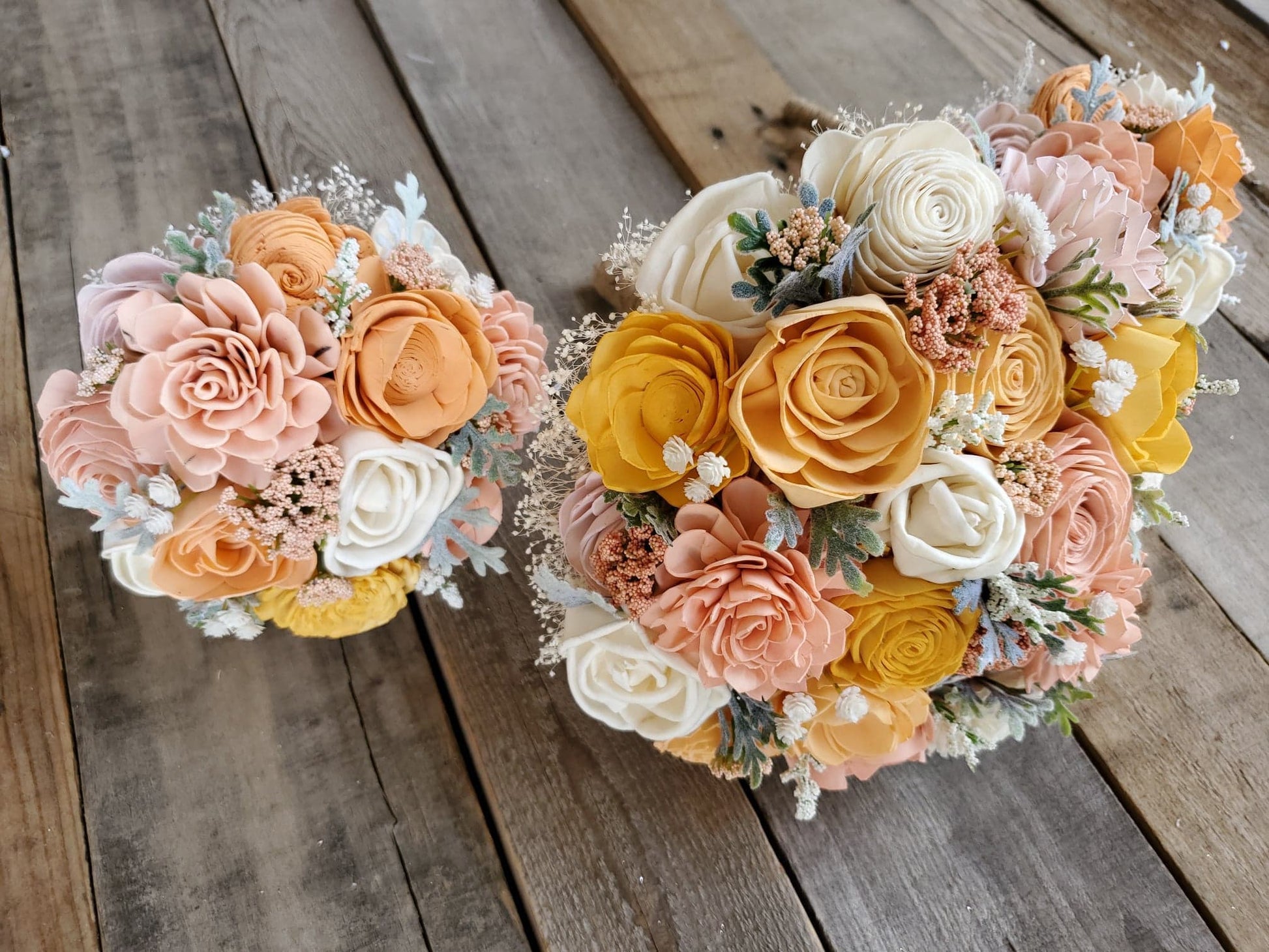 Peach and Light Pink Wood Flower Bouquet, bridal bouquet, bridesmaid bouquet, flower girl bouquet
