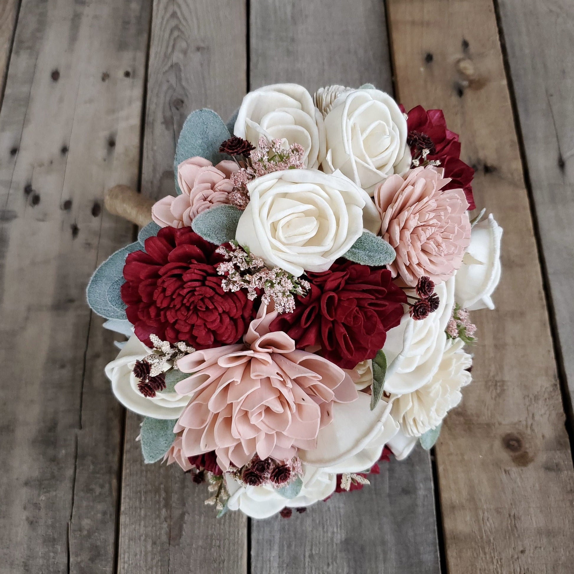 Burgundy Wood Flower Bouquet, Burgundy and Blush Bouquet, Wooden
