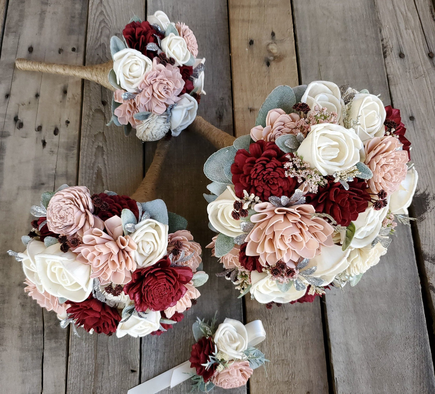 Burgundy and Blush Sola Wood Flower Bouquet, Bride and Bridesmaid Floral Wedding Bouquet