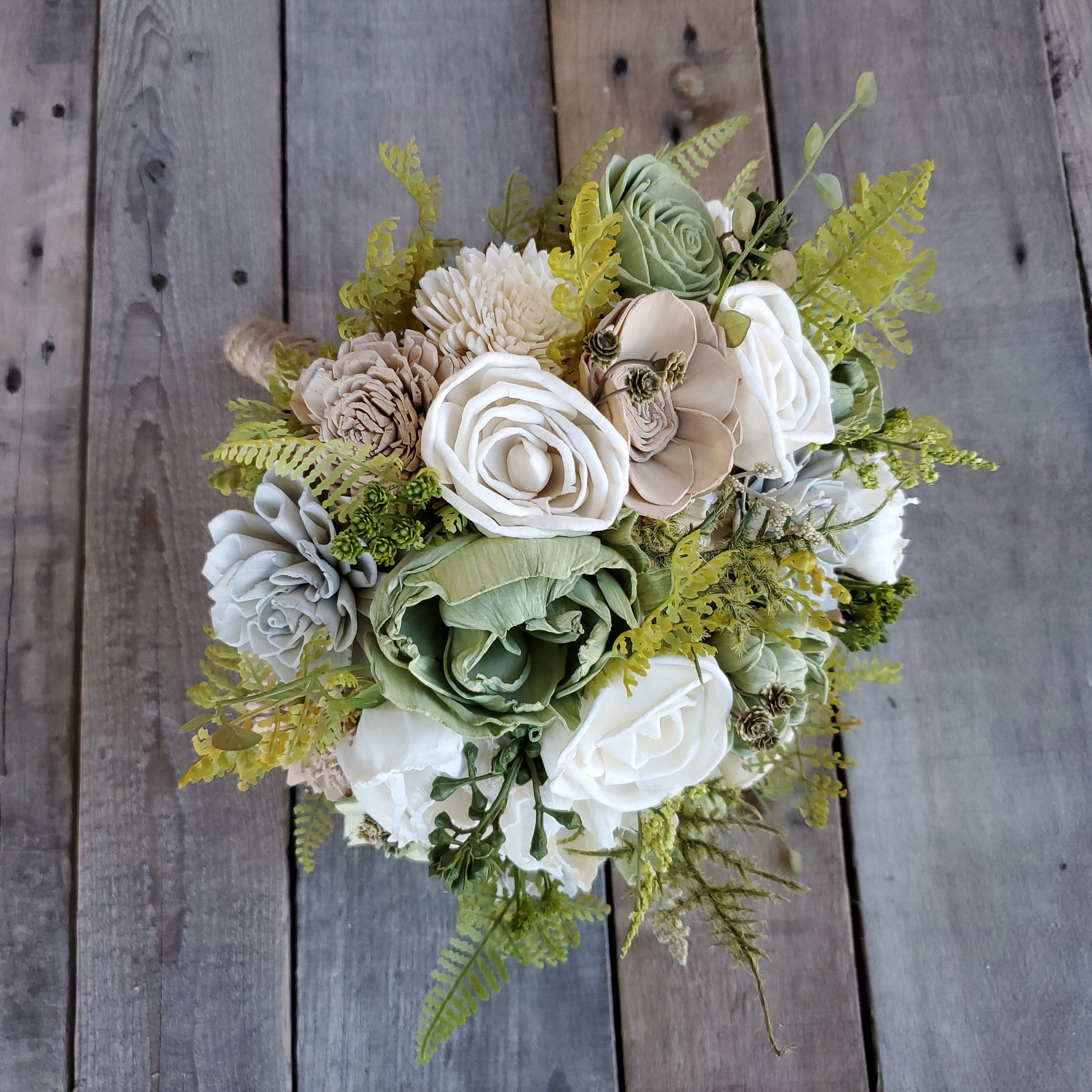 Sage Green Wood Flower Bouquet, Sage and Taupe Bridal Bouquet, Wooden Wedding Flowers, Fall Wedding Bouquet, Bride and Bridesmaid Flowers