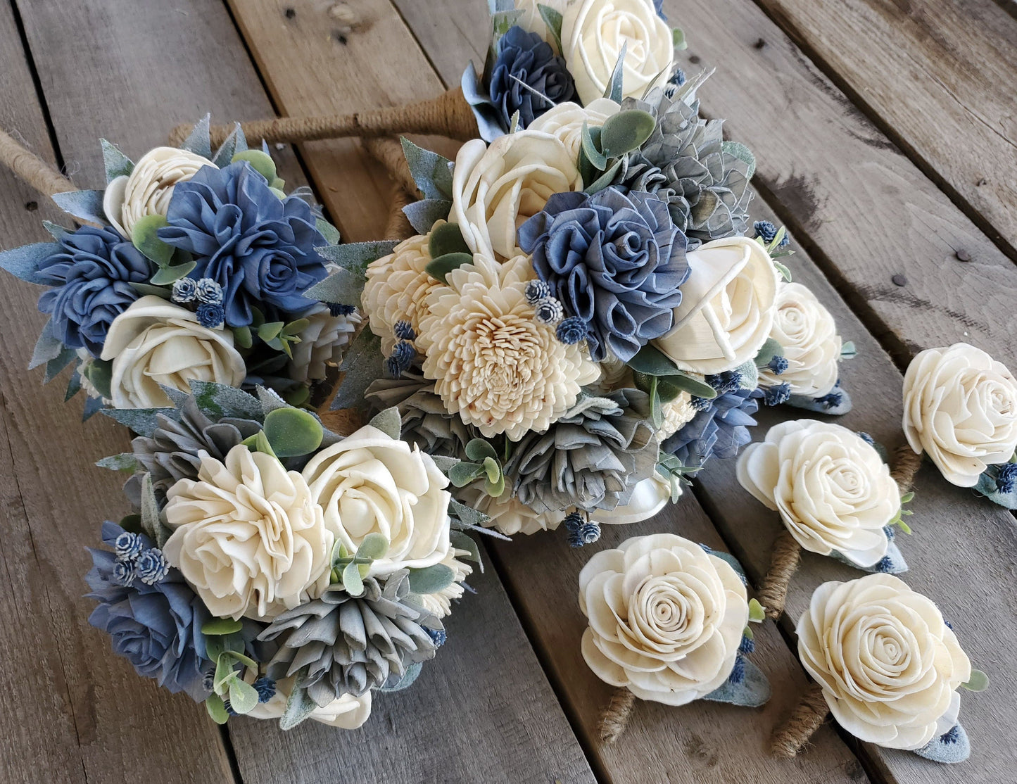 Slate Blue Sola Wood Flower Bouquet, Fake Bridal Flowers, Dusty Blue Wooden Wedding Bouquet