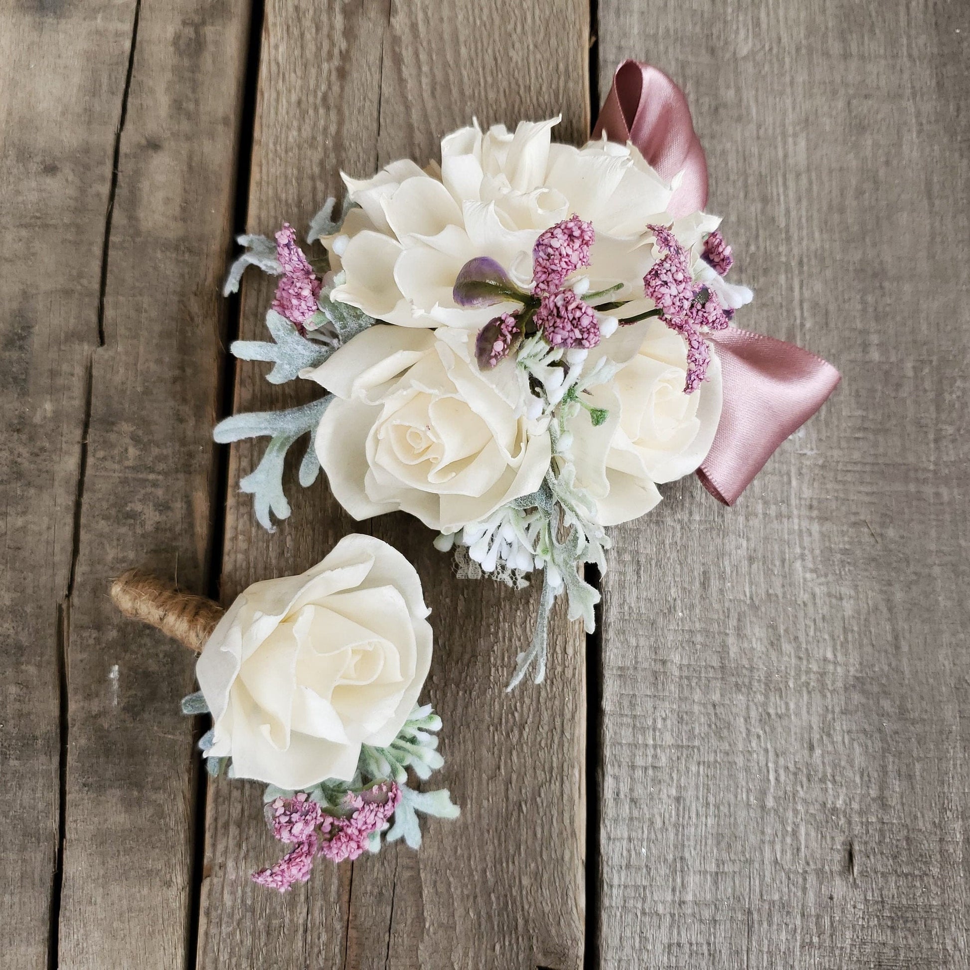 Corsage and Boutonniere Set with Wood Flowers, Wedding Flowers, Bridal Wrist Corsage, Wooden Corsage Set