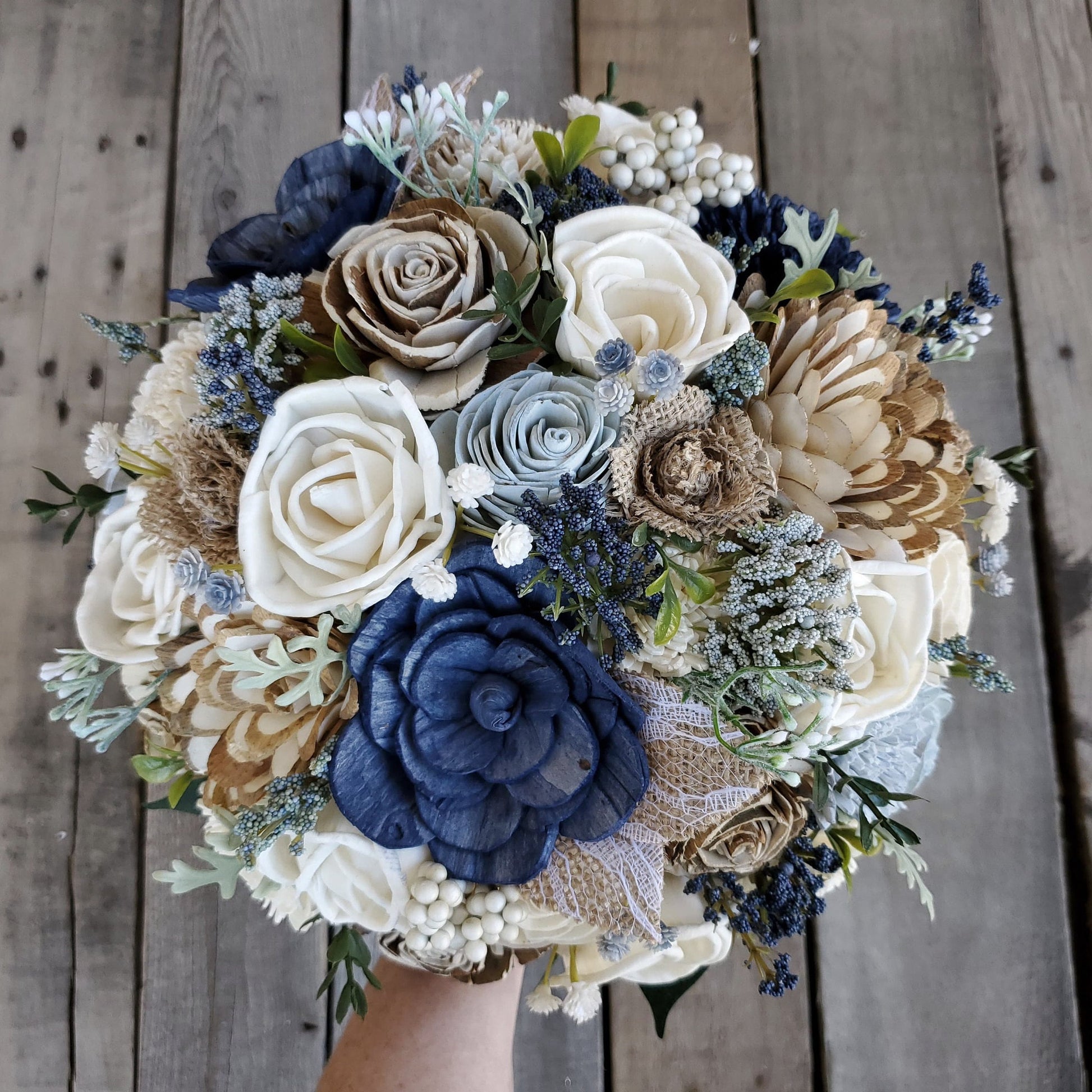 Navy Wood Flower Bouquet, Sola Wood Flowers Bouquet, Wooden Flower Bouquet, Bridal Bouquet, Dusty Blue Wedding Bouquet, Bridal Flowers