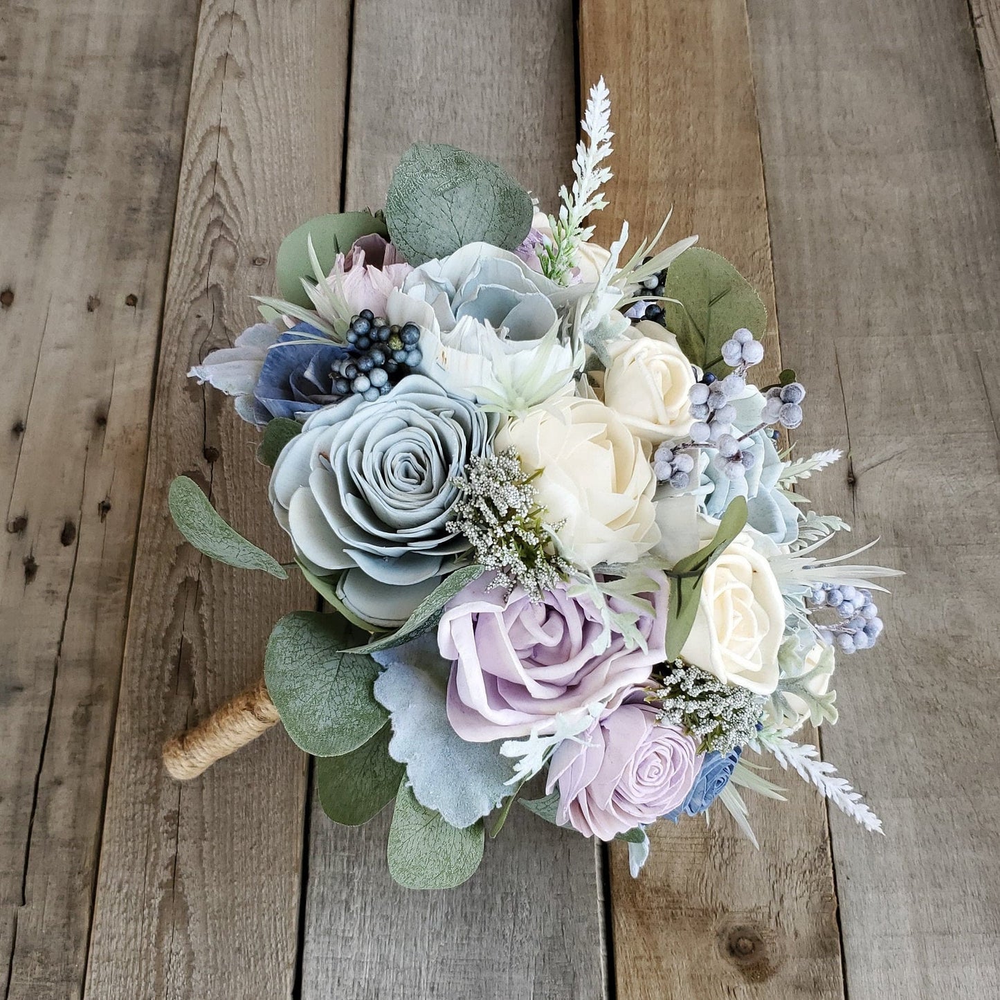 Dusty Blue and Lavender Wood Flower Bouquet, Beach Wedding Bouquet, Wooden Bridal Bouquet, Wedding Flowers