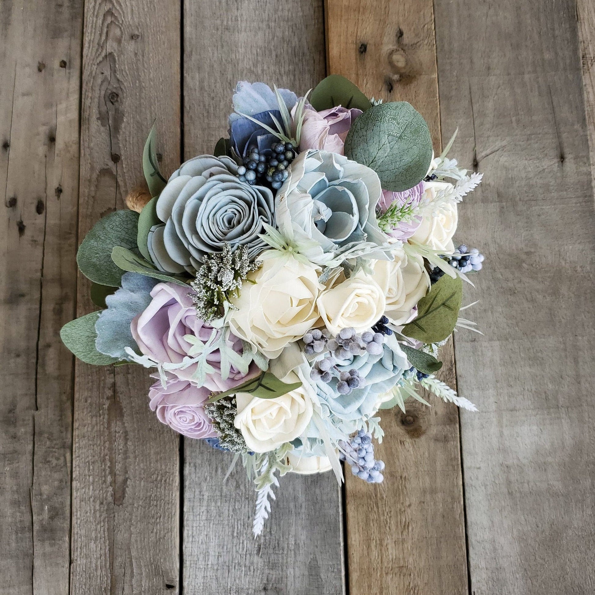 Dusty Blue and Lavender Wood Flower Bouquet, Beach Wedding Bouquet, Wooden Bridal Bouquet, Wedding Flowers