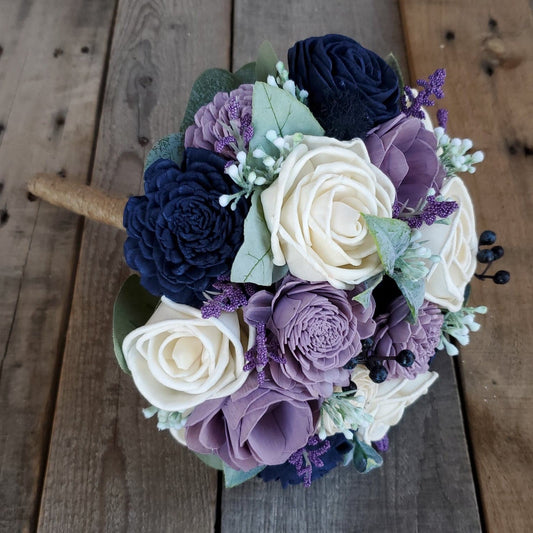 Lavender and Navy Wedding Bouquet, Sola Wood Flower Bouquet, Artificial Flower Bouquet, Wedding Decor