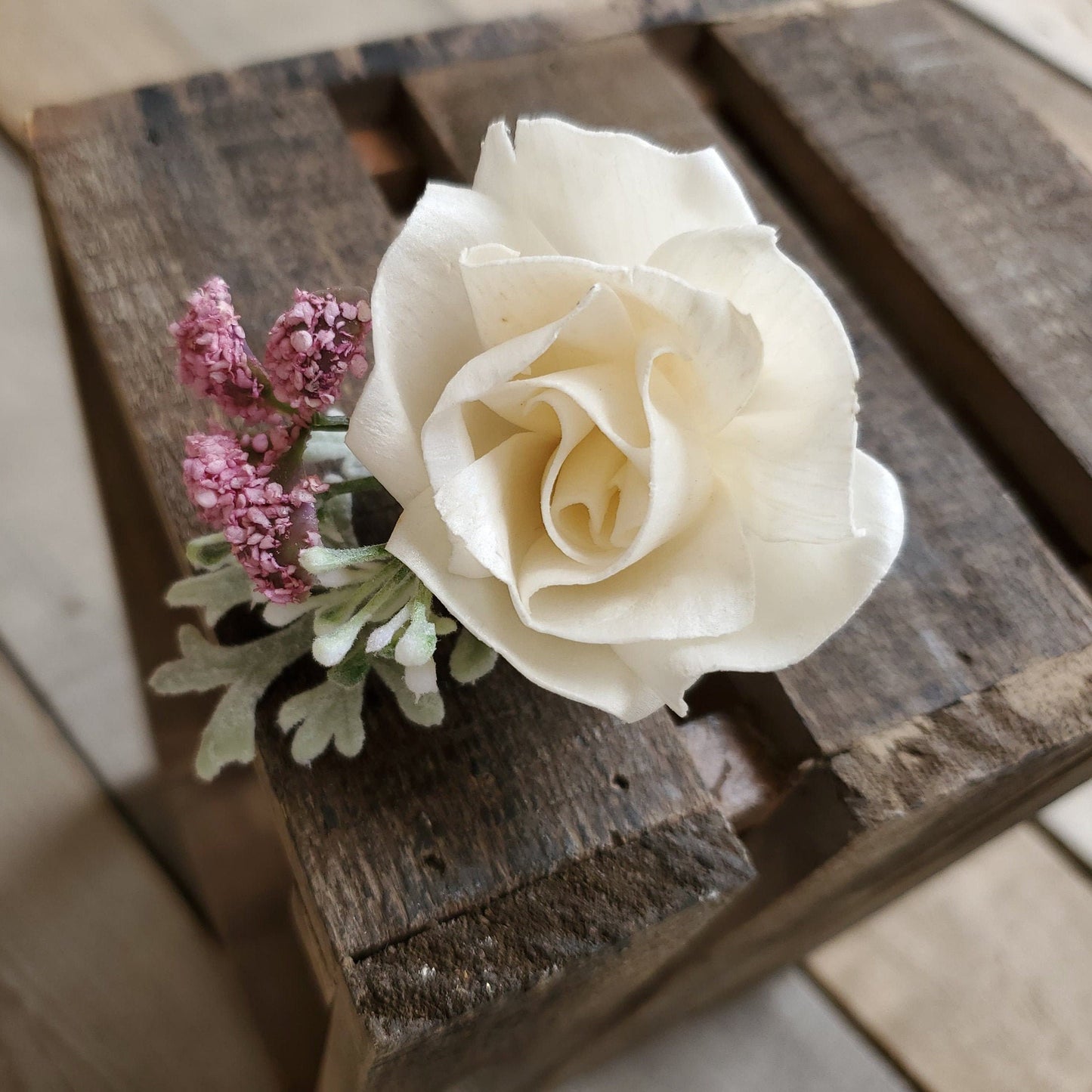 Corsage and Boutonniere Set with Wood Flowers, Wedding Flowers, Bridal Wrist Corsage, Wooden Corsage Set