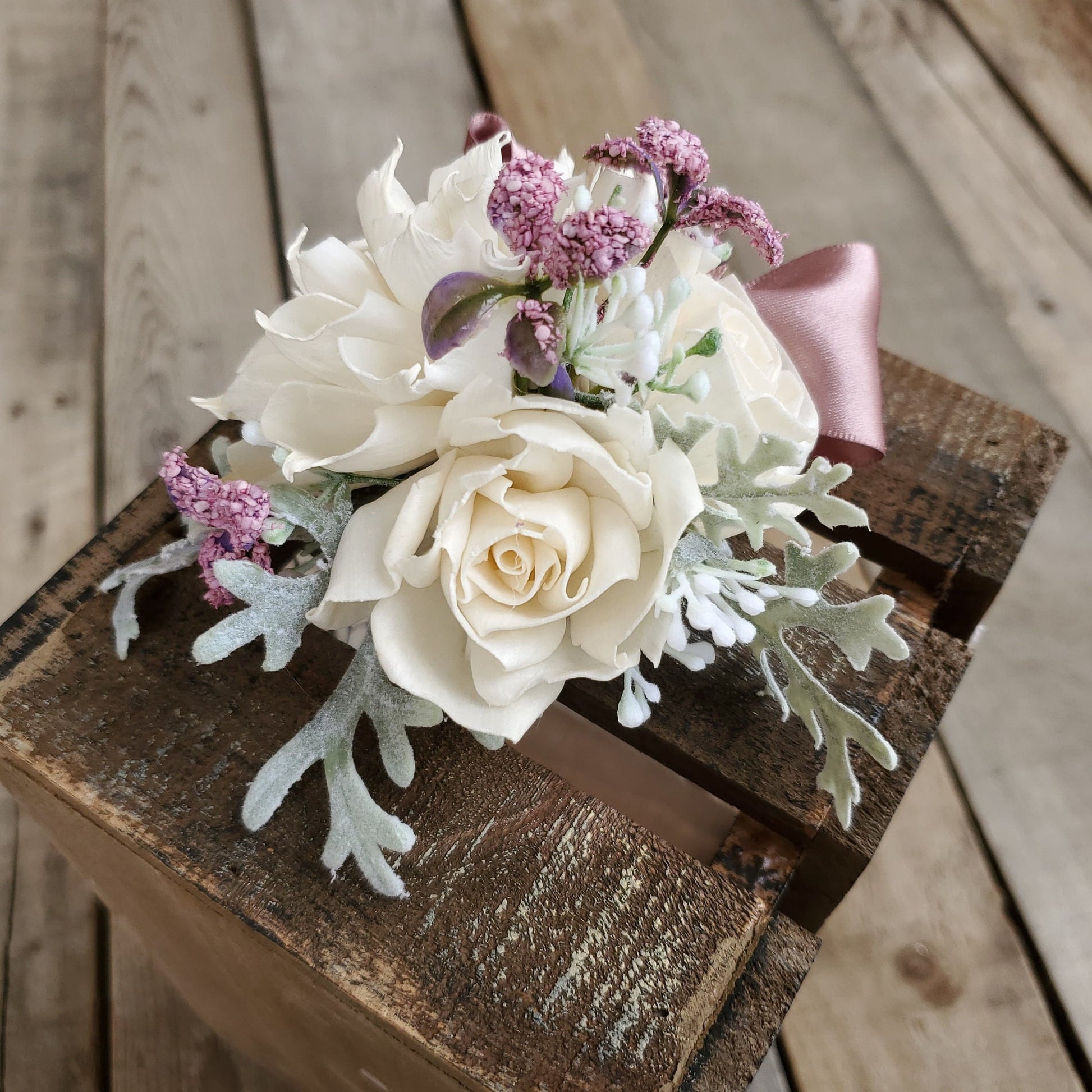 Corsage and Boutonniere Set with Wood Flowers, Wedding Flowers, Bridal Wrist Corsage, Wooden Corsage Set