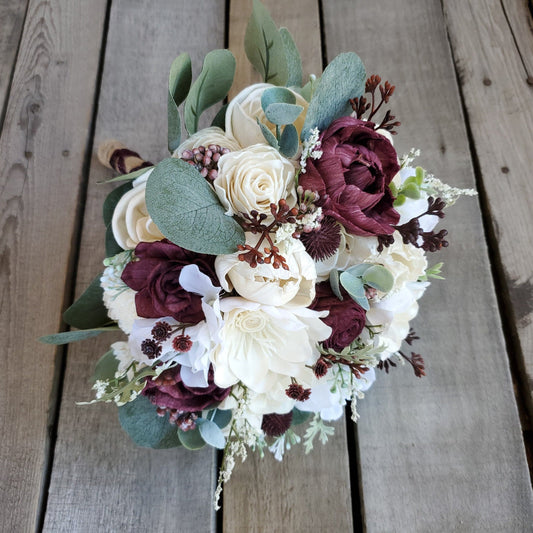 Wood Flower Bouquet, Wooden Wedding Bouquet, Burgundy Bridal Bouquet, Wine Bouquet, Wooden Flower Bouquet, Sola Wood Flowers