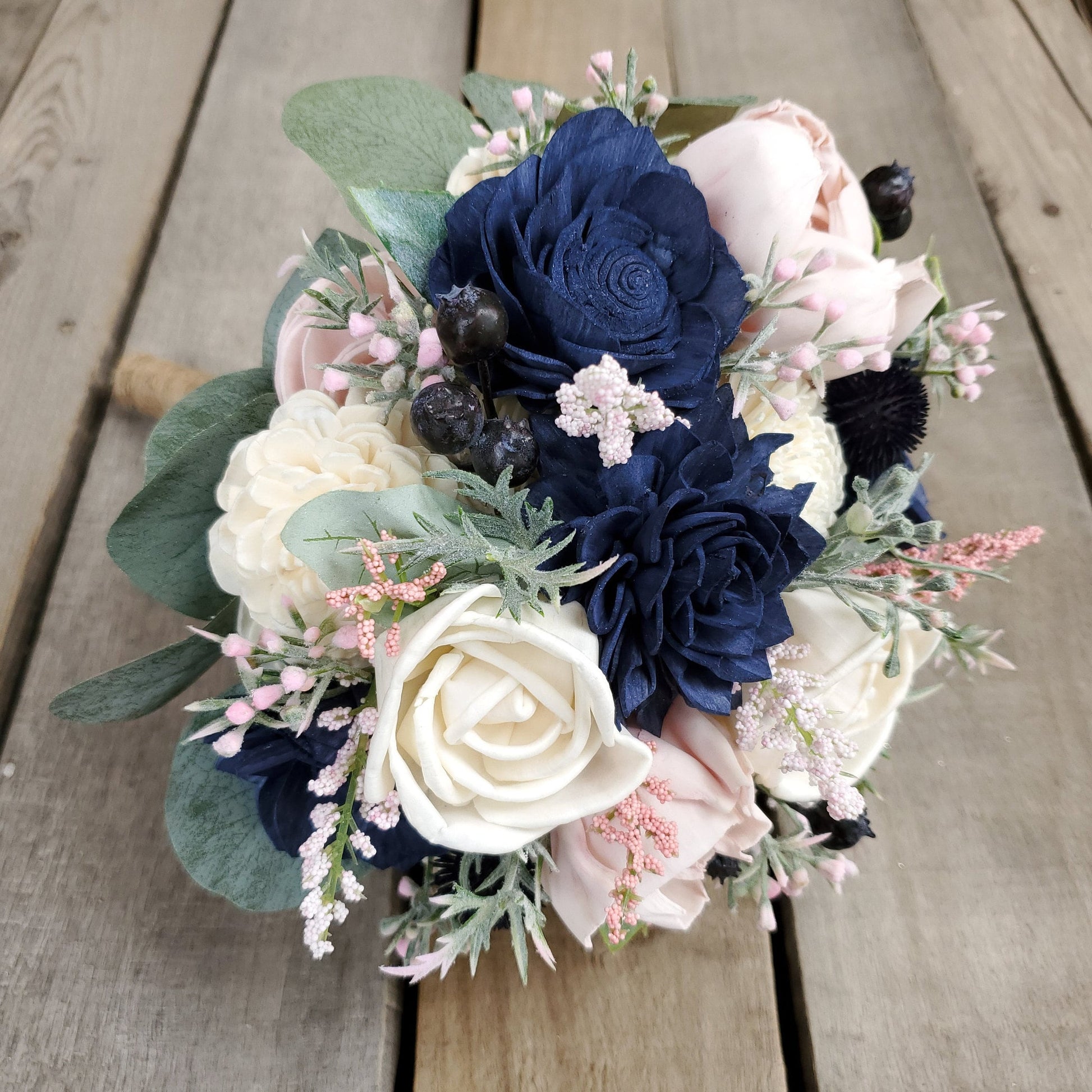 Wood Flower Bouquet, Navy & Blush Bouquet, Wooden Flower Bouquet, Blush Wedding Bouquet, Wood Bridal Bouquet, Sola Wood Flowers