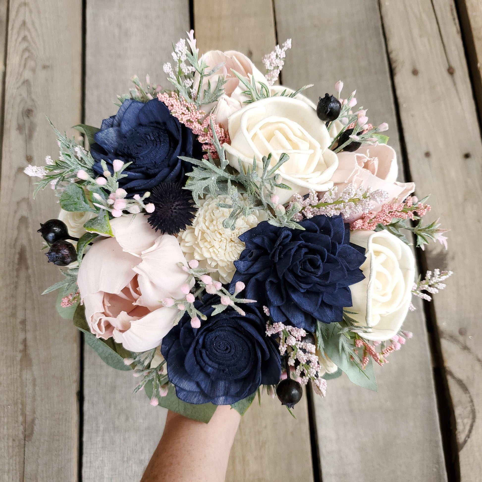 Wood Flower Bouquet, Navy & Blush Bouquet, Wooden Flower Bouquet, Blush Wedding Bouquet, Wood Bridal Bouquet, Sola Wood Flowers