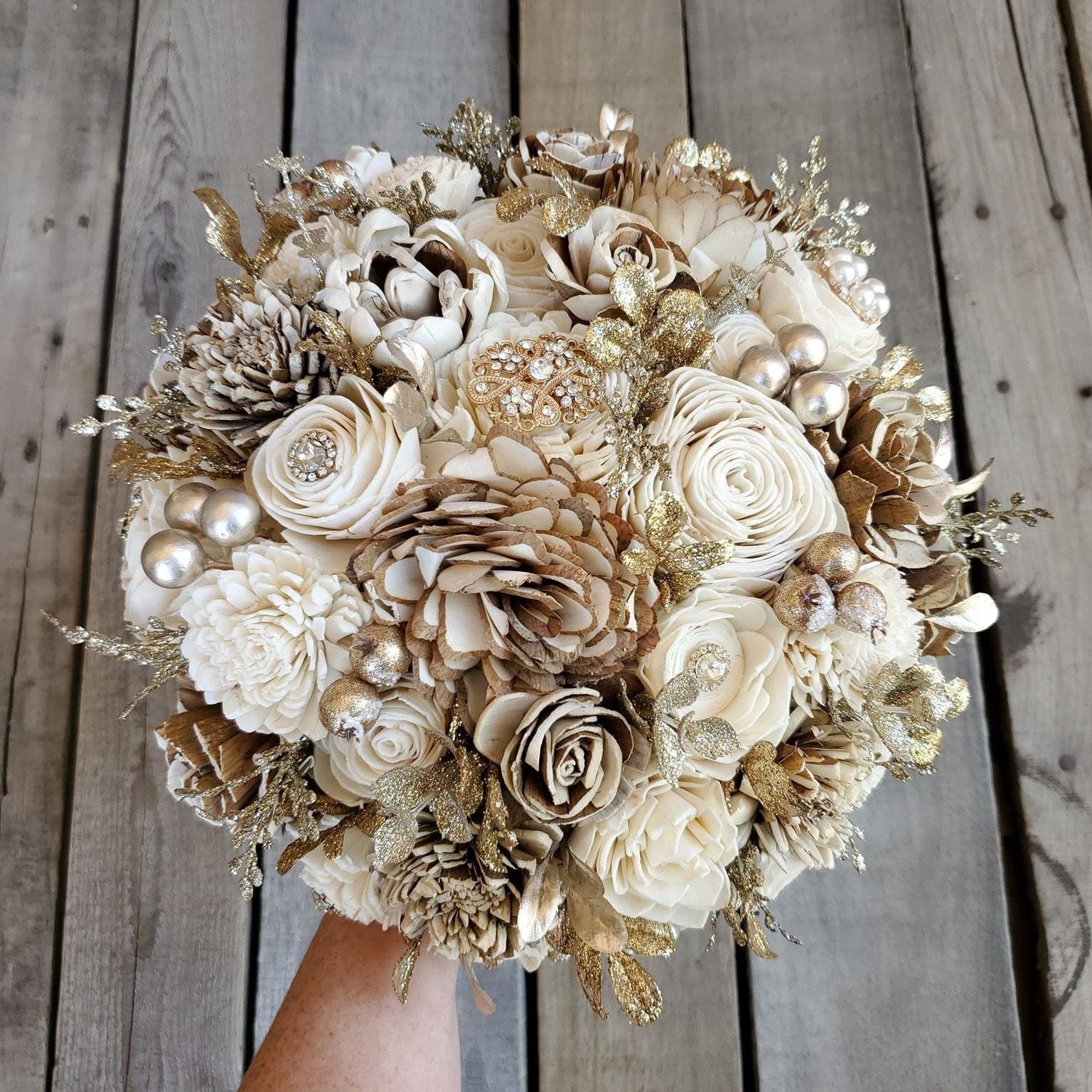 Gold Brooch and Glitter Sola Wood Flower Bouquet with Cream and Natural Bark Flowers, Color Options Available