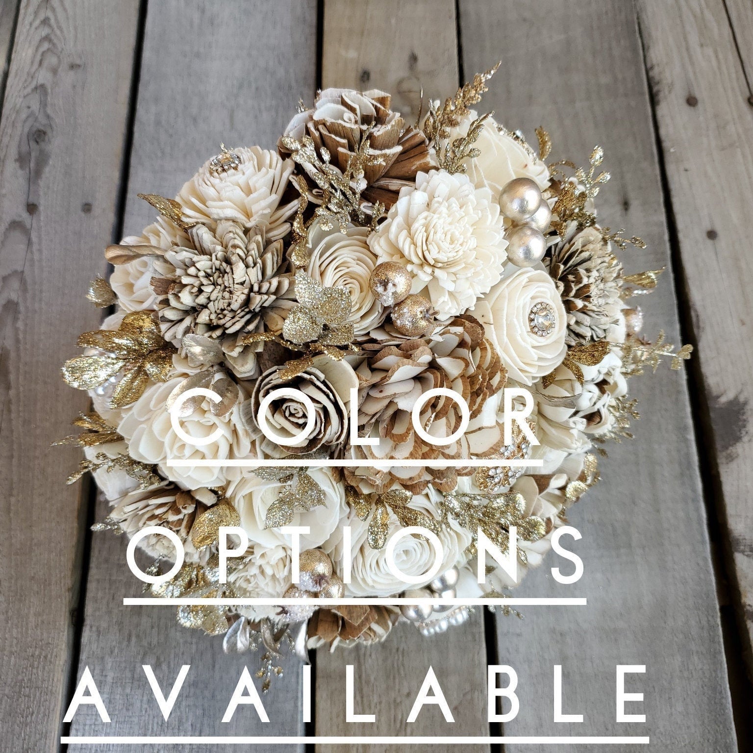 Gold Brooch and Glitter Sola Wood Flower Bouquet with Cream and Natural Bark Flowers, Color Options Available
