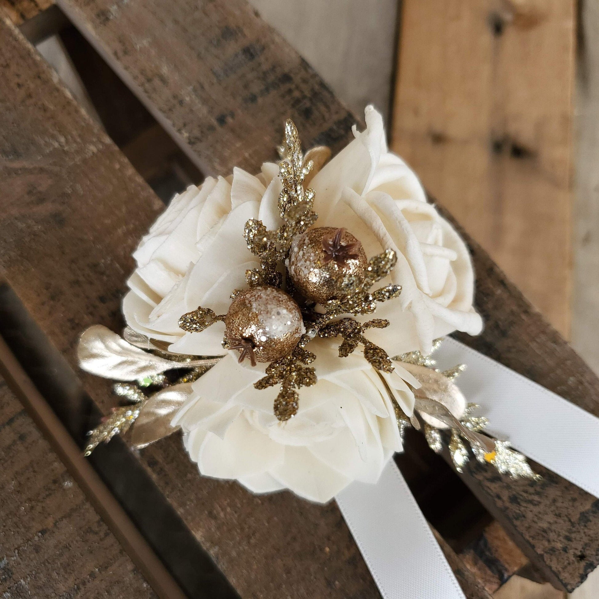Gold Glitter Wrist or Pinned Corsage made with Sola Wood Flowers, Color Options Available