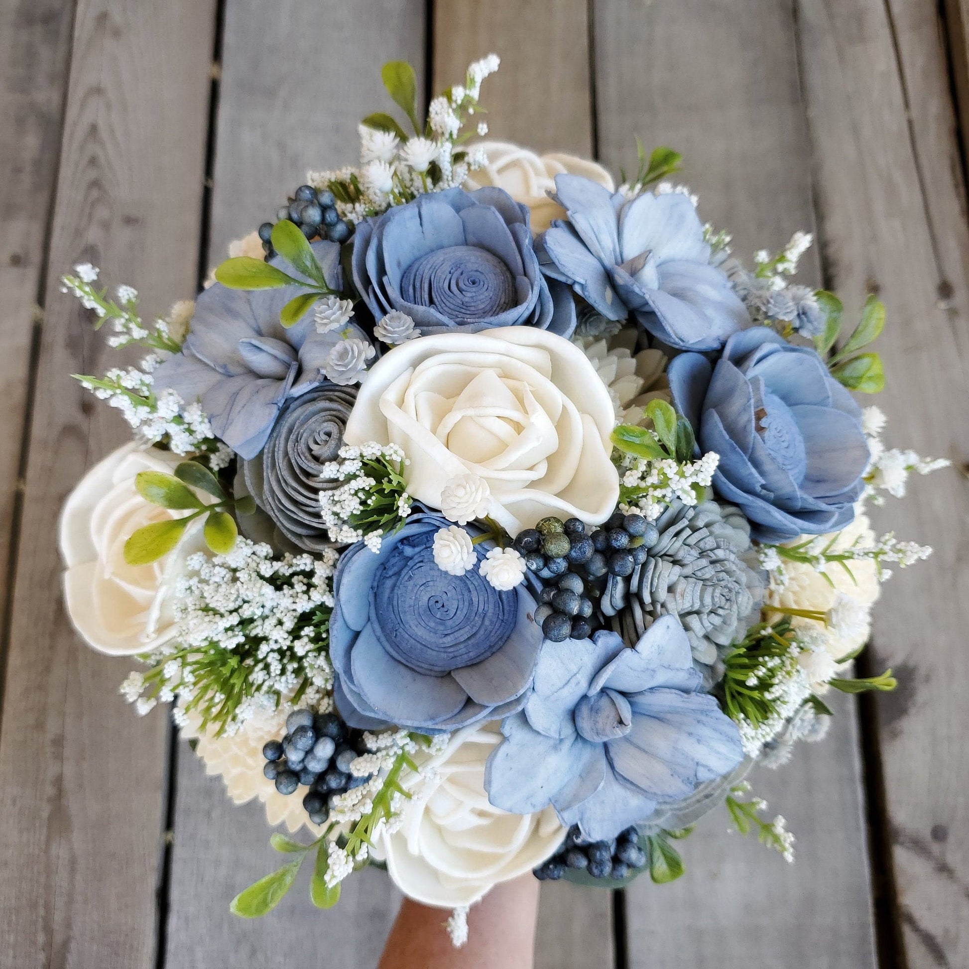 Dusty Blue Wood Flower Bouquet, Slate Blue Bridal Bouquet, Wooden Wedding Flowers, Bridesmaid Bouquet
