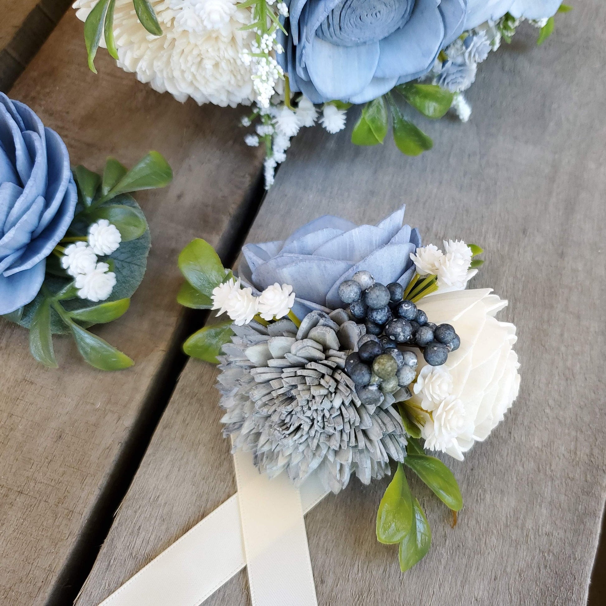 Dusty Blue Wood Flower Bouquet, Slate Blue Bridal Bouquet, Wooden Wedding Flowers, Bridesmaid Bouquet